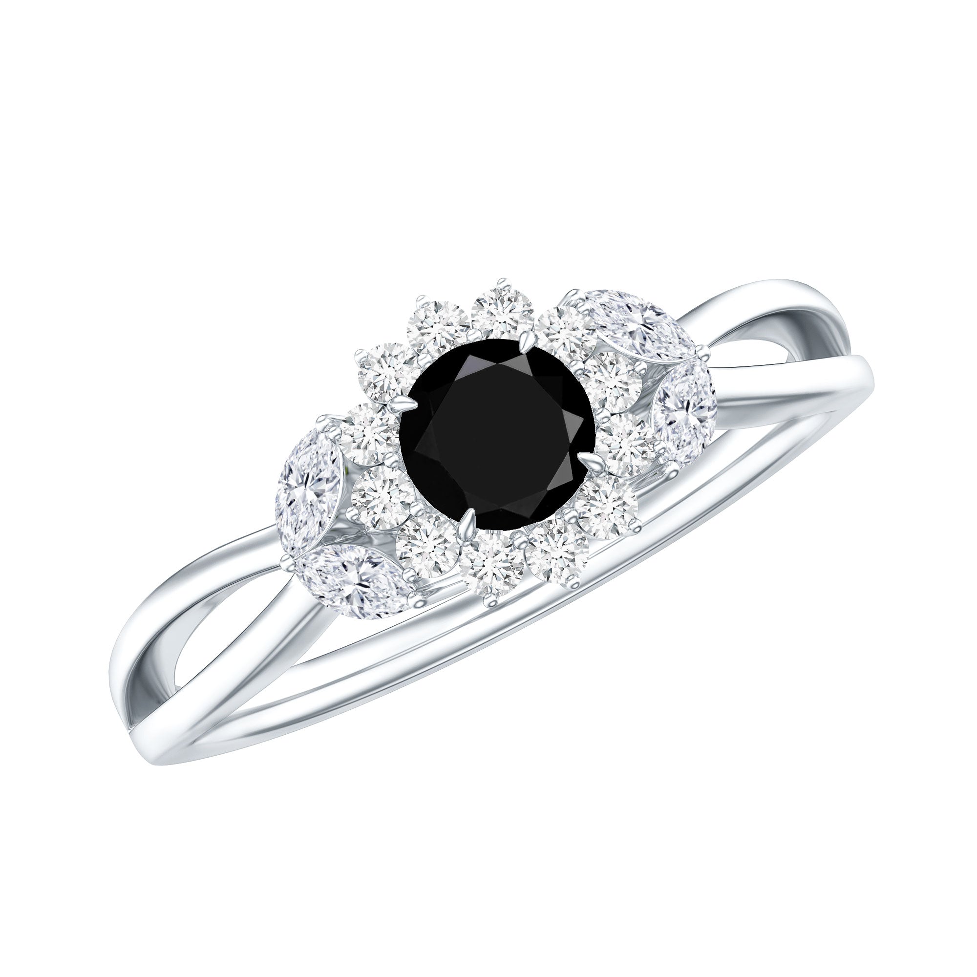 Nature Inspired Black Spinel Flower Engagement Ring with Diamond AAA - Rosec Jewels