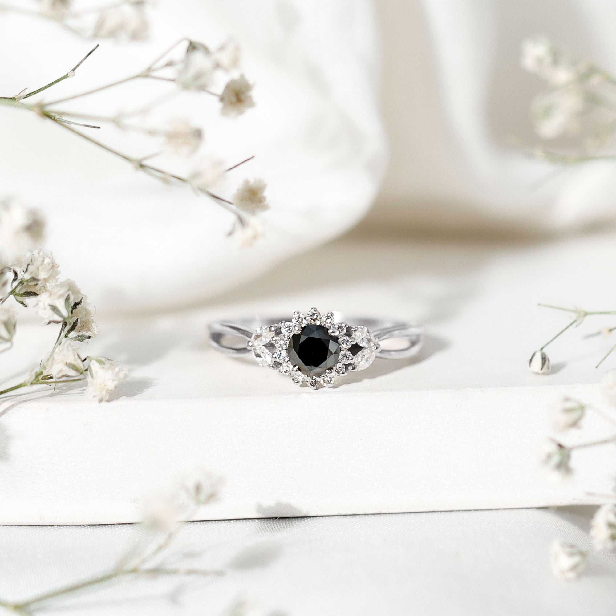 Nature Inspired Black Spinel Flower Engagement Ring with Diamond AAA - Rosec Jewels