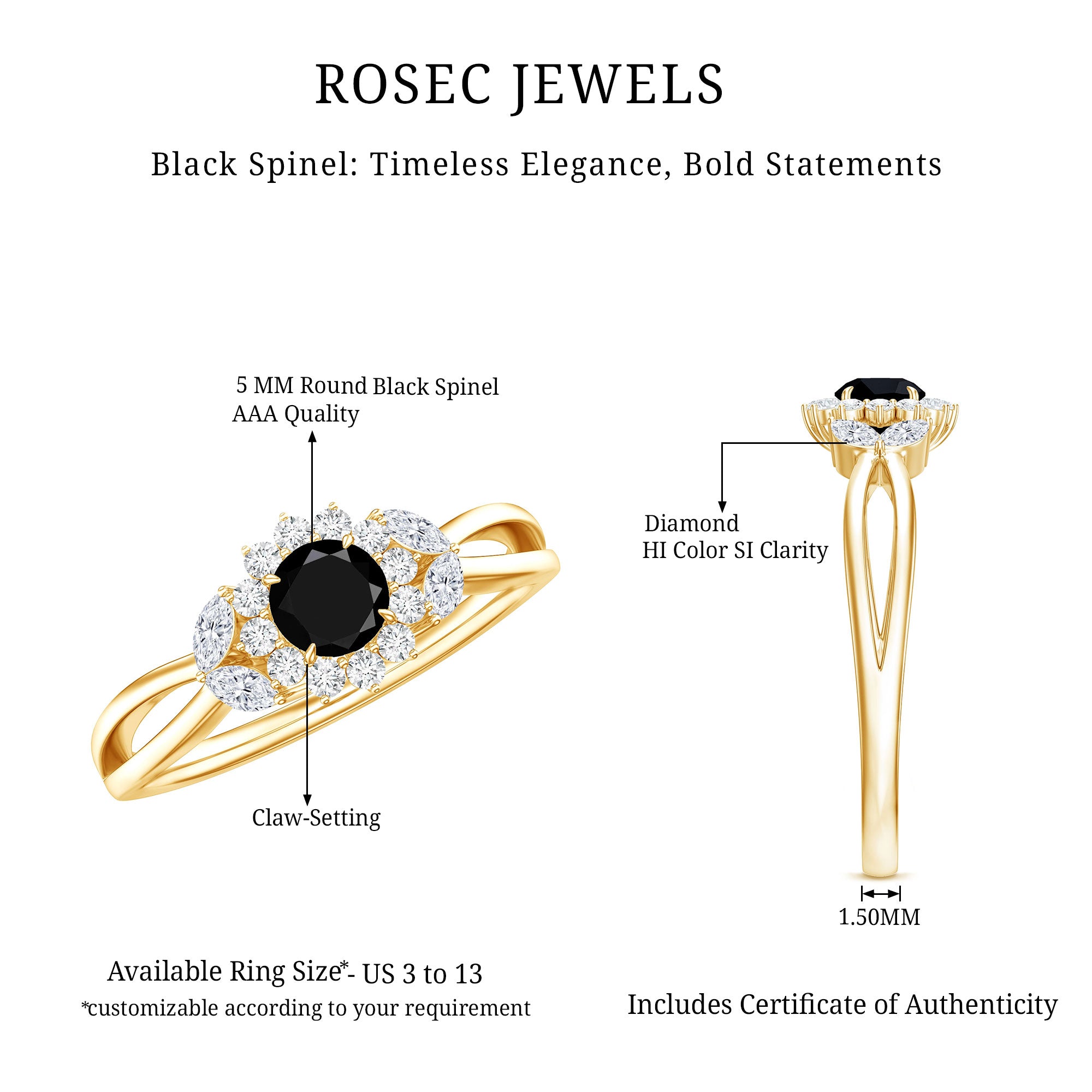 Nature Inspired Black Spinel Flower Engagement Ring with Diamond AAA - Rosec Jewels