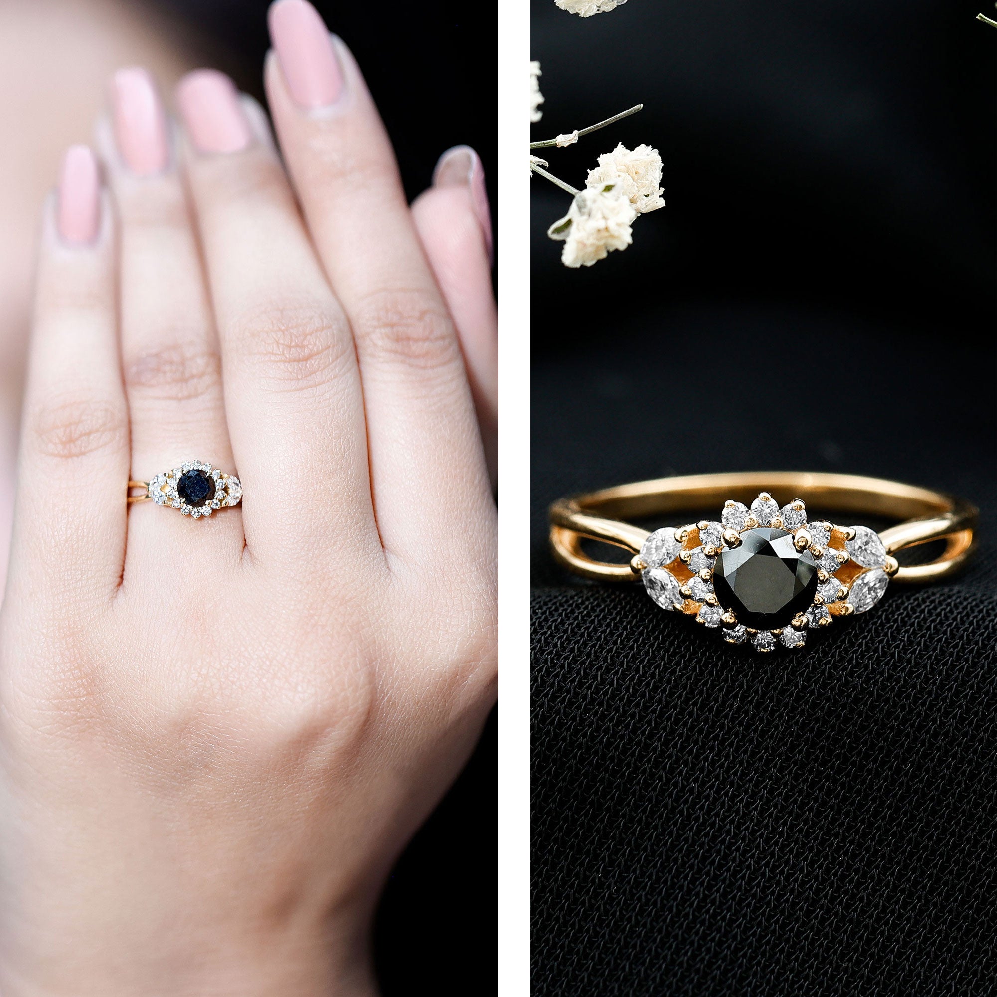 Nature Inspired Black Spinel Flower Engagement Ring with Diamond AAA - Rosec Jewels