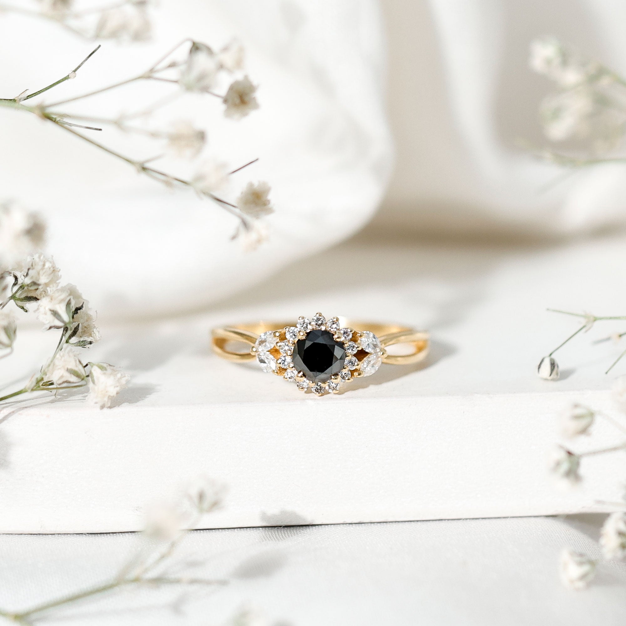Nature Inspired Black Spinel Flower Engagement Ring with Diamond AAA - Rosec Jewels