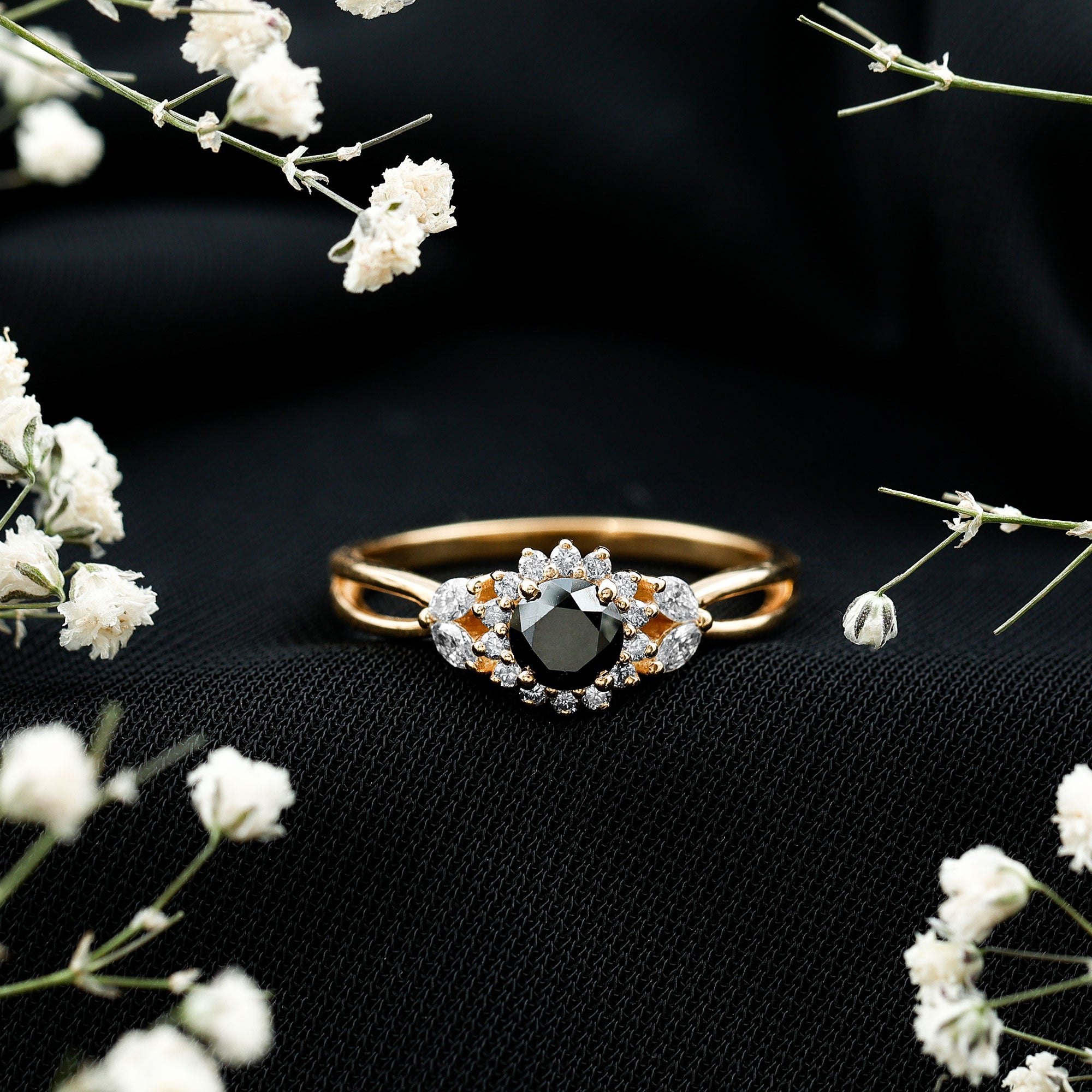 Nature Inspired Black Spinel Flower Engagement Ring with Diamond AAA - Rosec Jewels