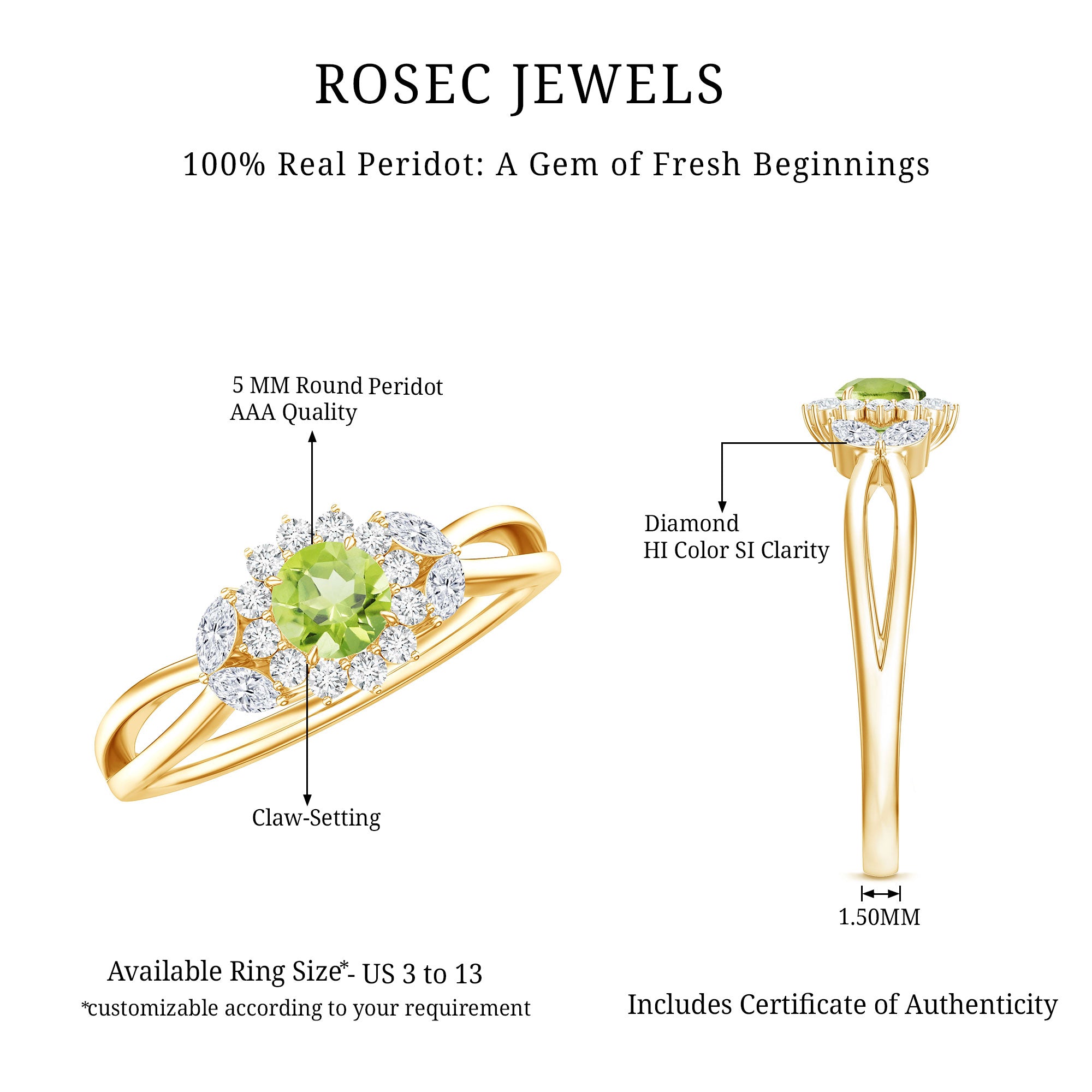 Natural 0.5 Carat Peridot Flower Engagement Ring with Diamond AAA - Rosec Jewels
