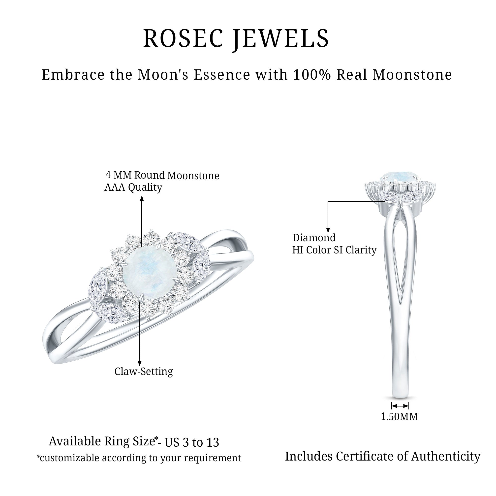 Real Moonstone and Diamond Flower Engagement Ring with Split Shank AAA - Rosec Jewels