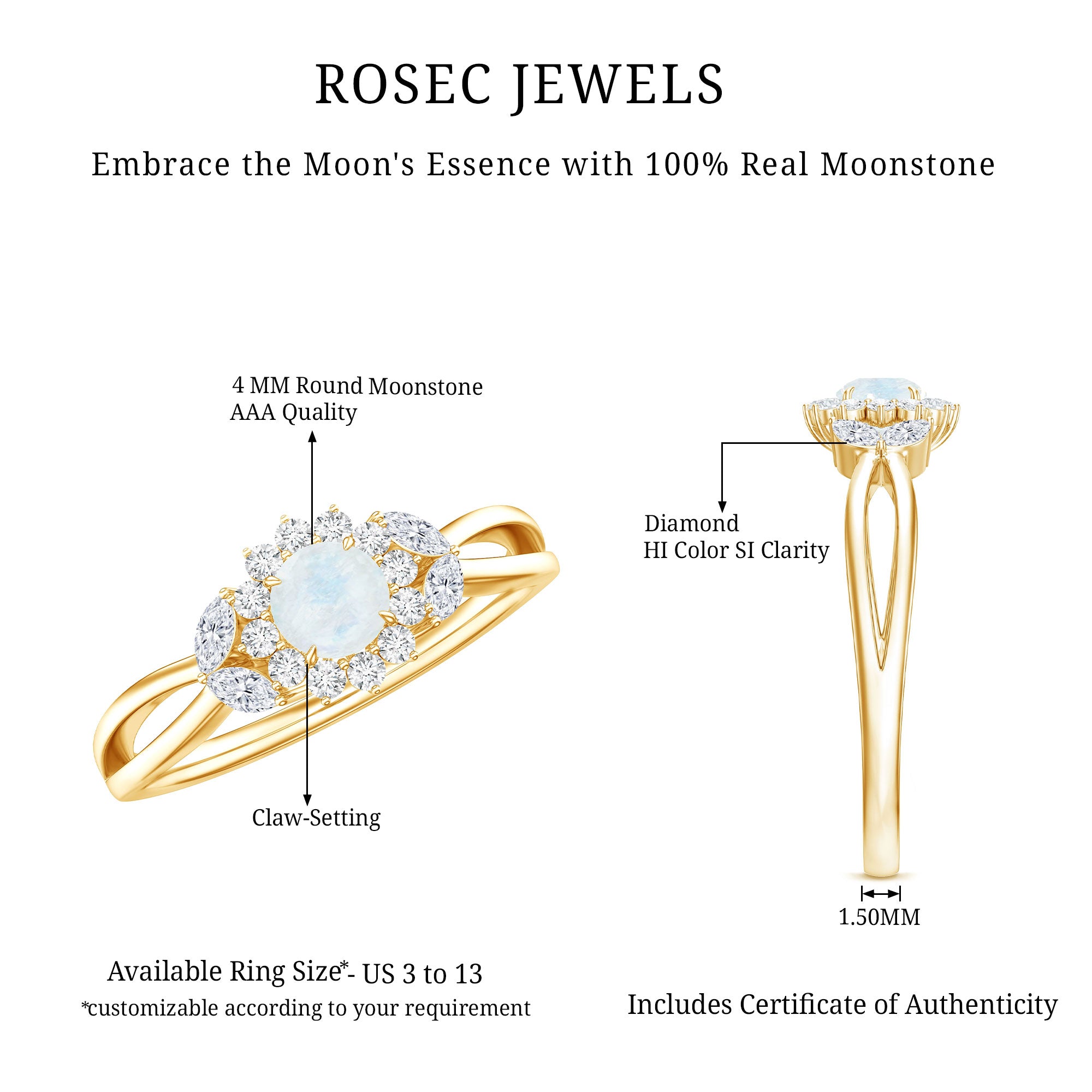 Real Moonstone and Diamond Flower Engagement Ring with Split Shank AAA - Rosec Jewels