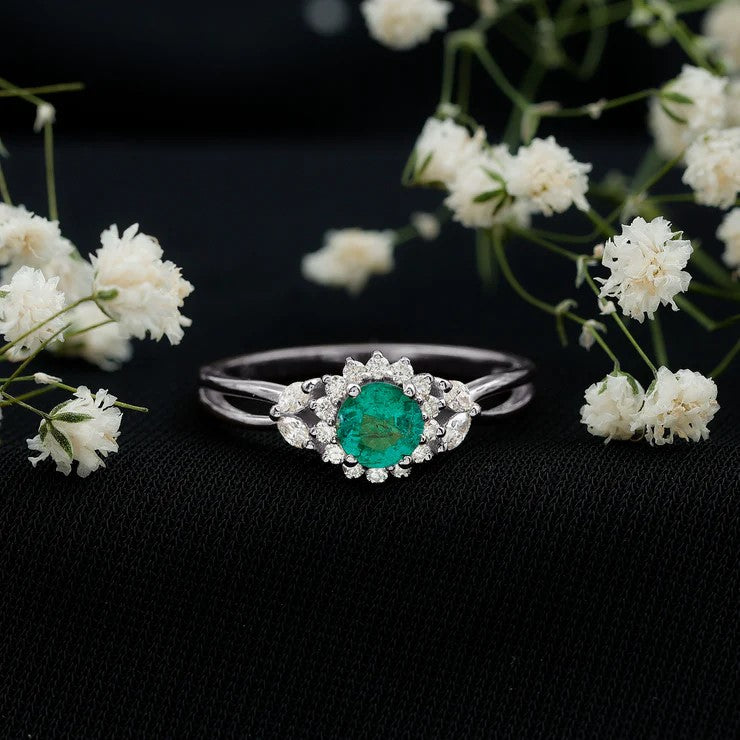 Real Emerald and Diamond Flower Engagement Ring with Split Shank AAA - Rosec Jewels