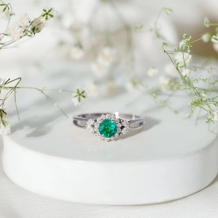 Real Emerald and Diamond Flower Engagement Ring with Split Shank AAA - Rosec Jewels