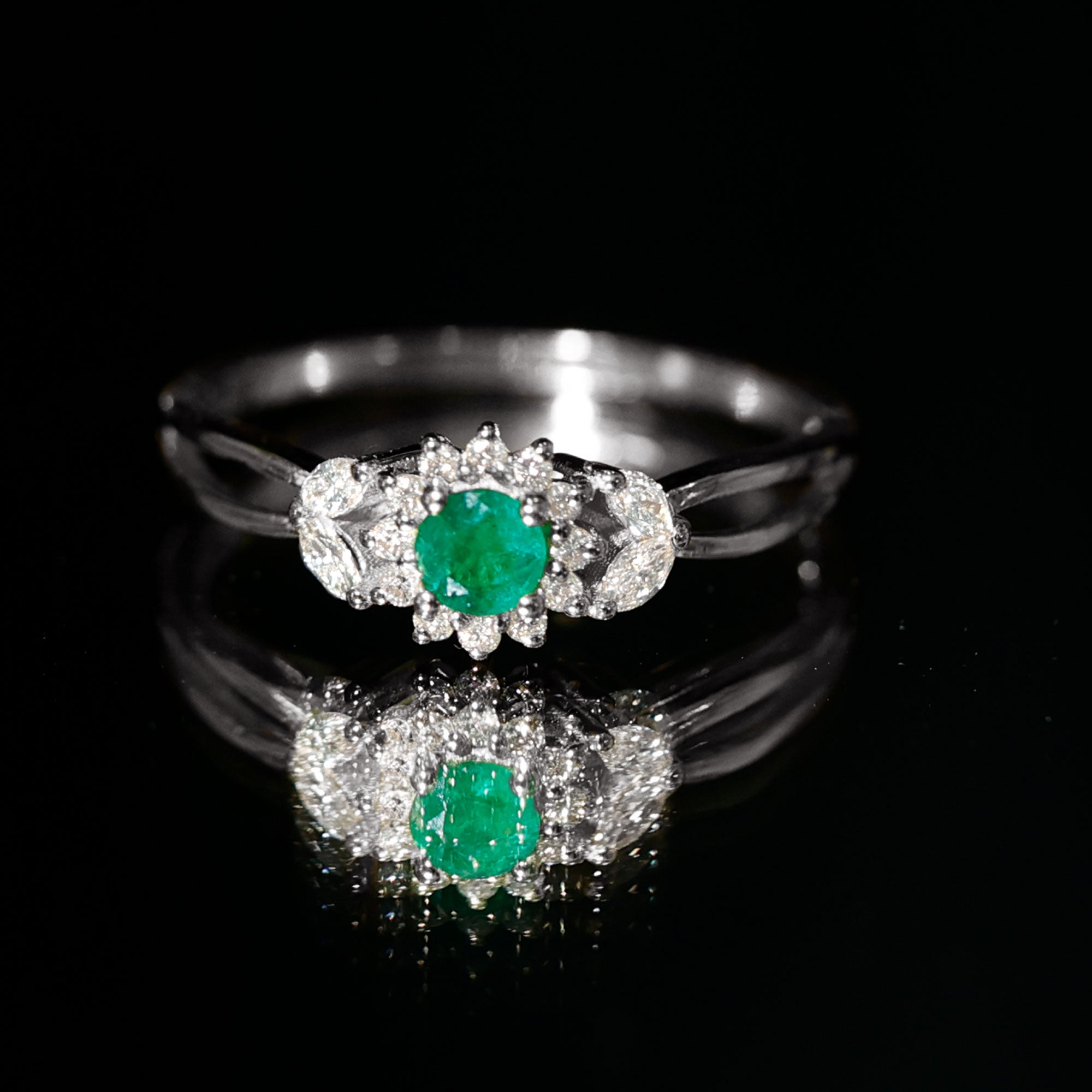 Real Emerald and Diamond Flower Engagement Ring with Split Shank AAA - Rosec Jewels