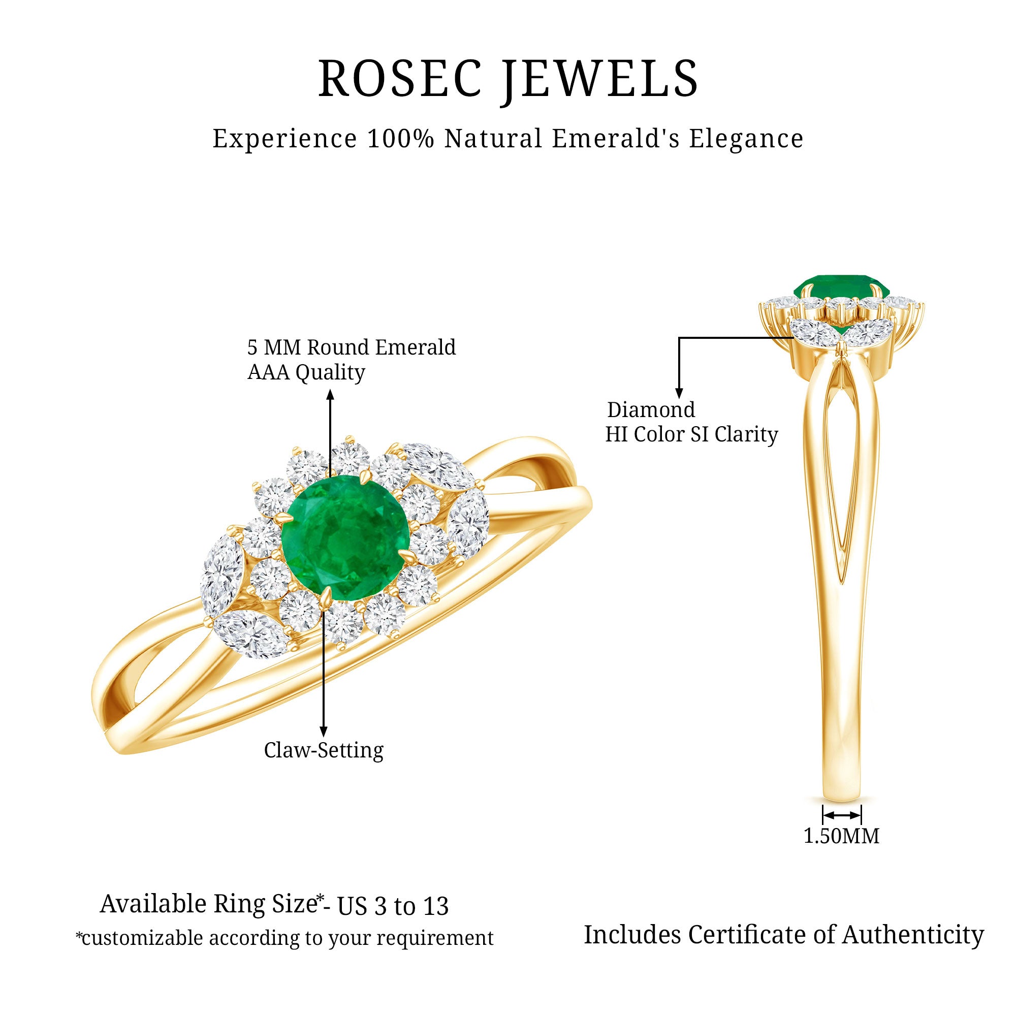 Real Emerald and Diamond Flower Engagement Ring with Split Shank AAA - Rosec Jewels