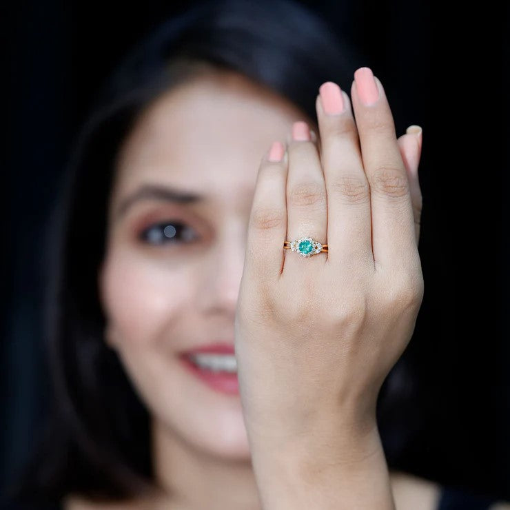 Real Emerald and Diamond Flower Engagement Ring with Split Shank AAA - Rosec Jewels
