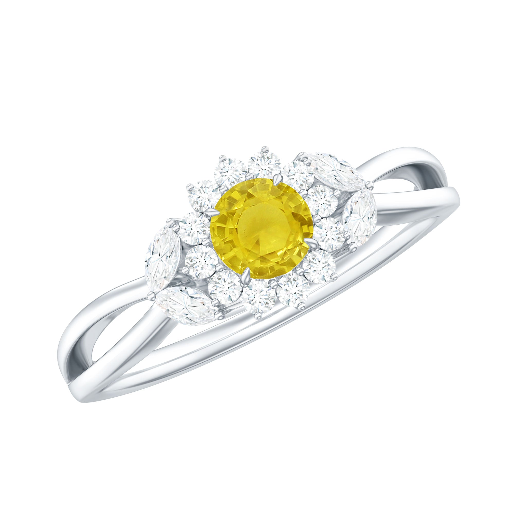 Split Shank Yellow Sapphire Flower Engagement Ring with Diamond