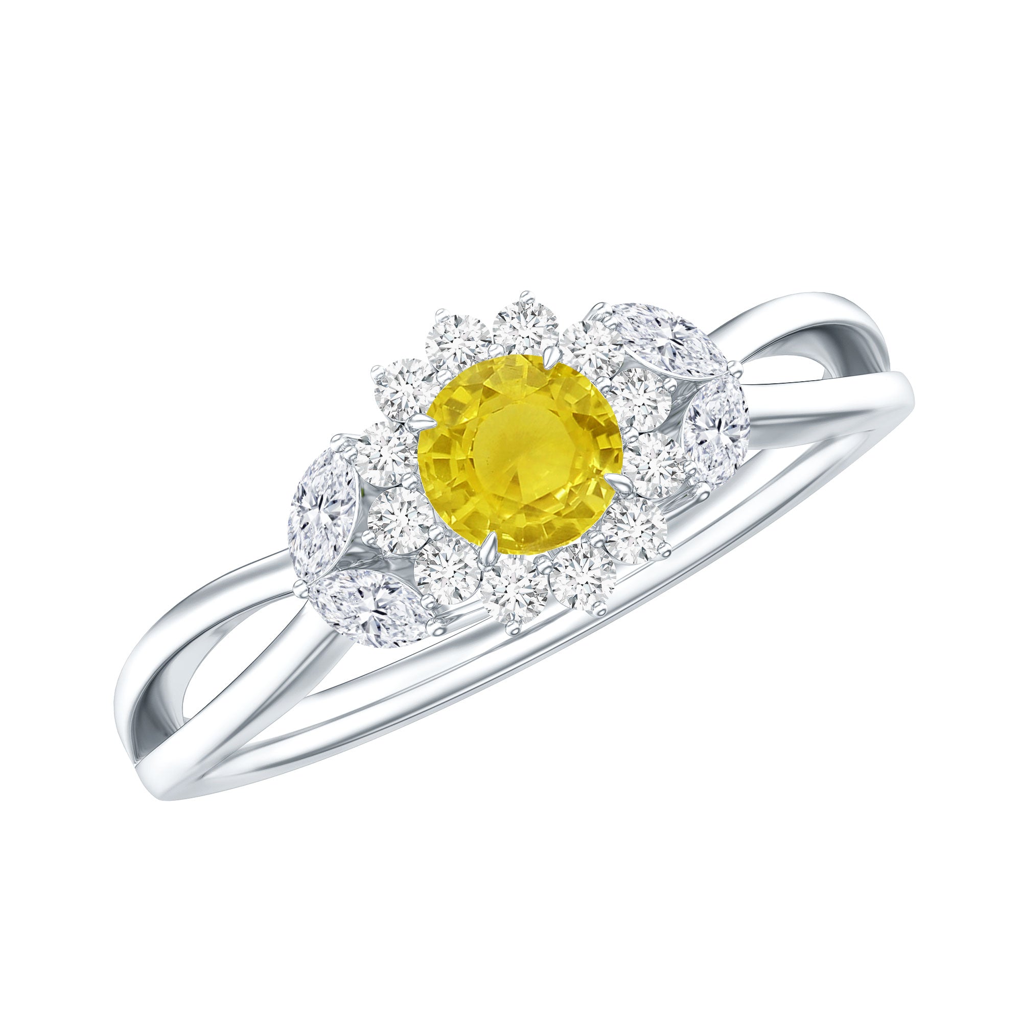 Real Yellow Sapphire Flower Engagement Ring with Diamond AAA - Rosec Jewels