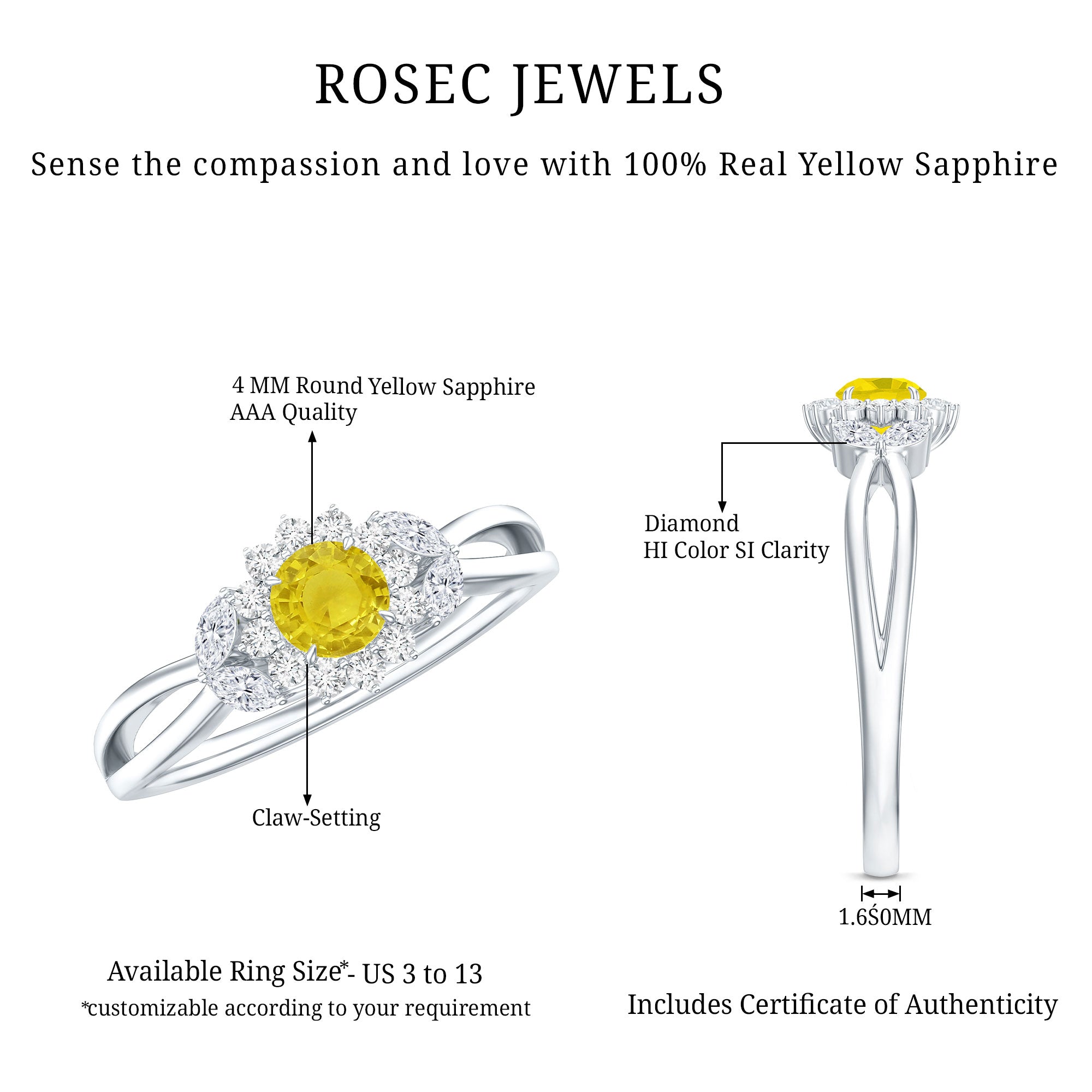 Real Yellow Sapphire Flower Engagement Ring with Diamond AAA - Rosec Jewels