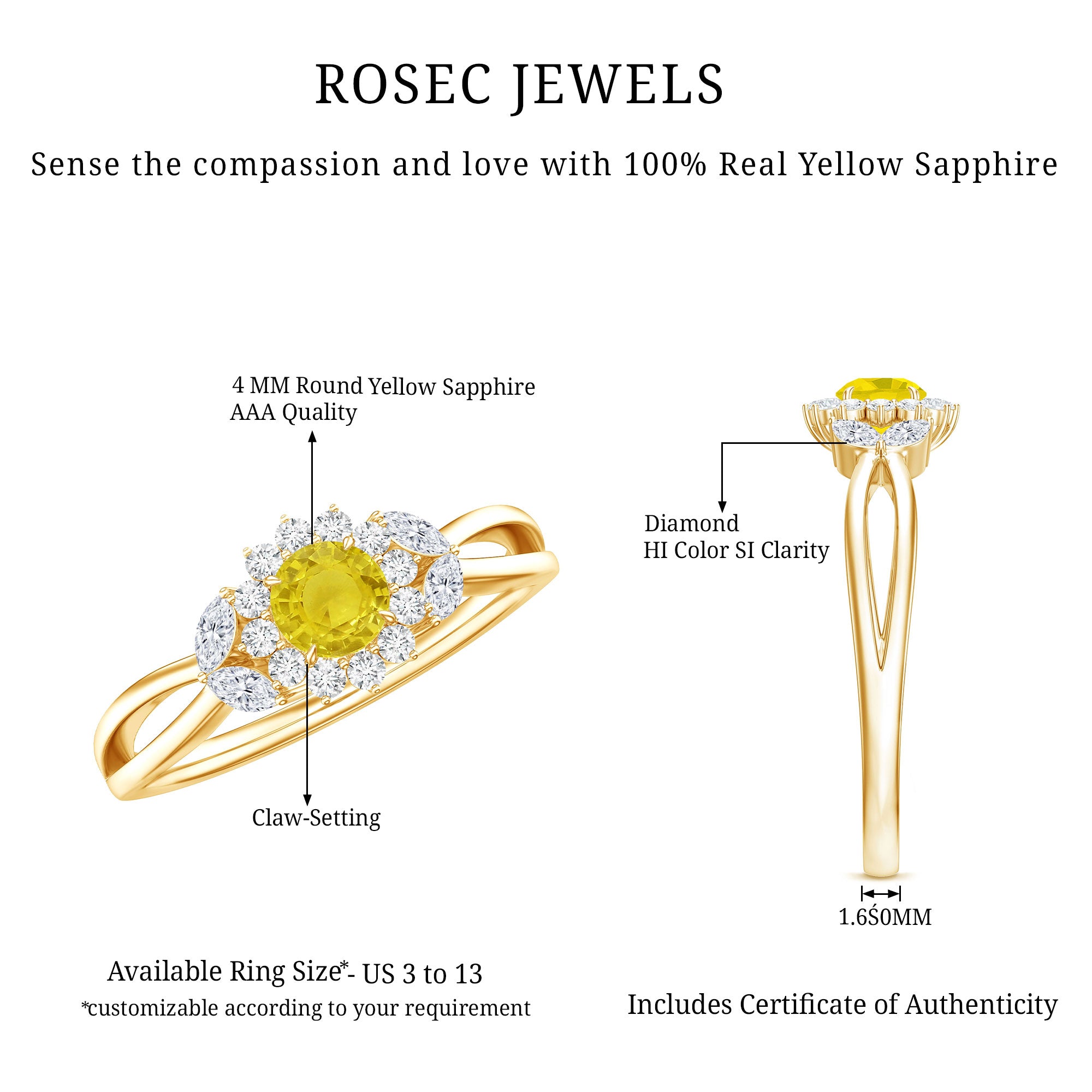 Real Yellow Sapphire Flower Engagement Ring with Diamond AAA - Rosec Jewels