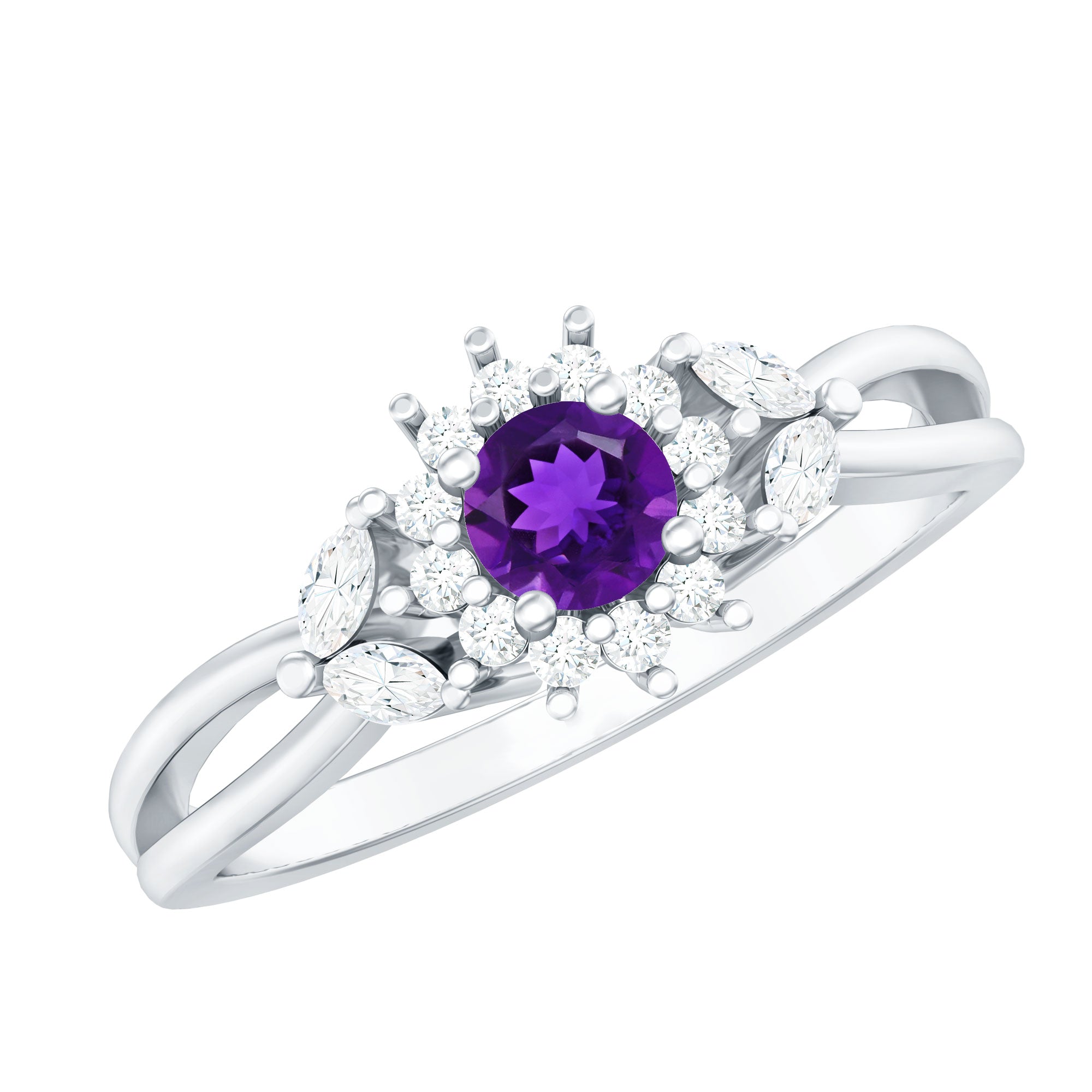 Split Shank Amethyst Flower Engagement Ring with Diamond AAA - Rosec Jewels