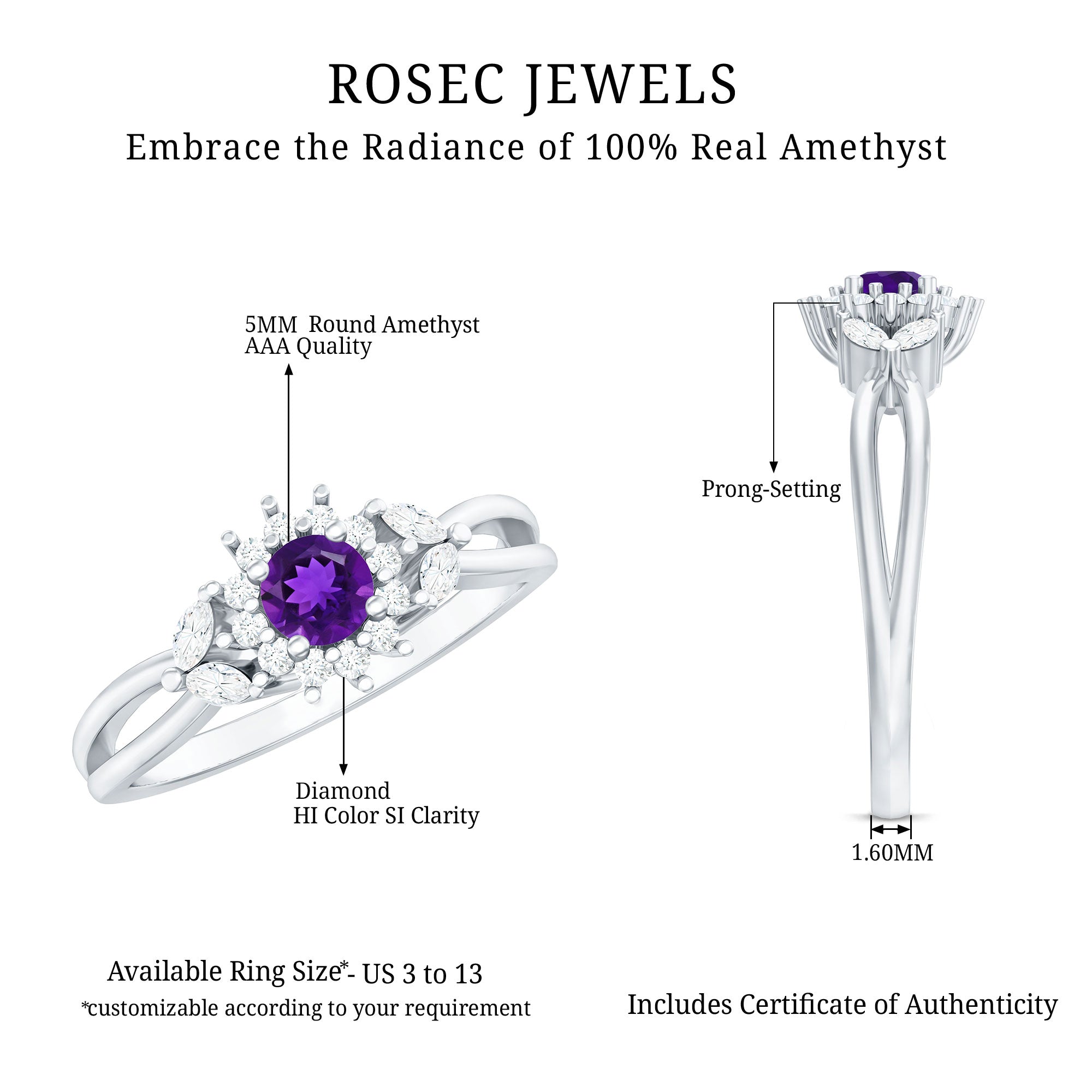 Split Shank Amethyst Flower Engagement Ring with Diamond AAA - Rosec Jewels