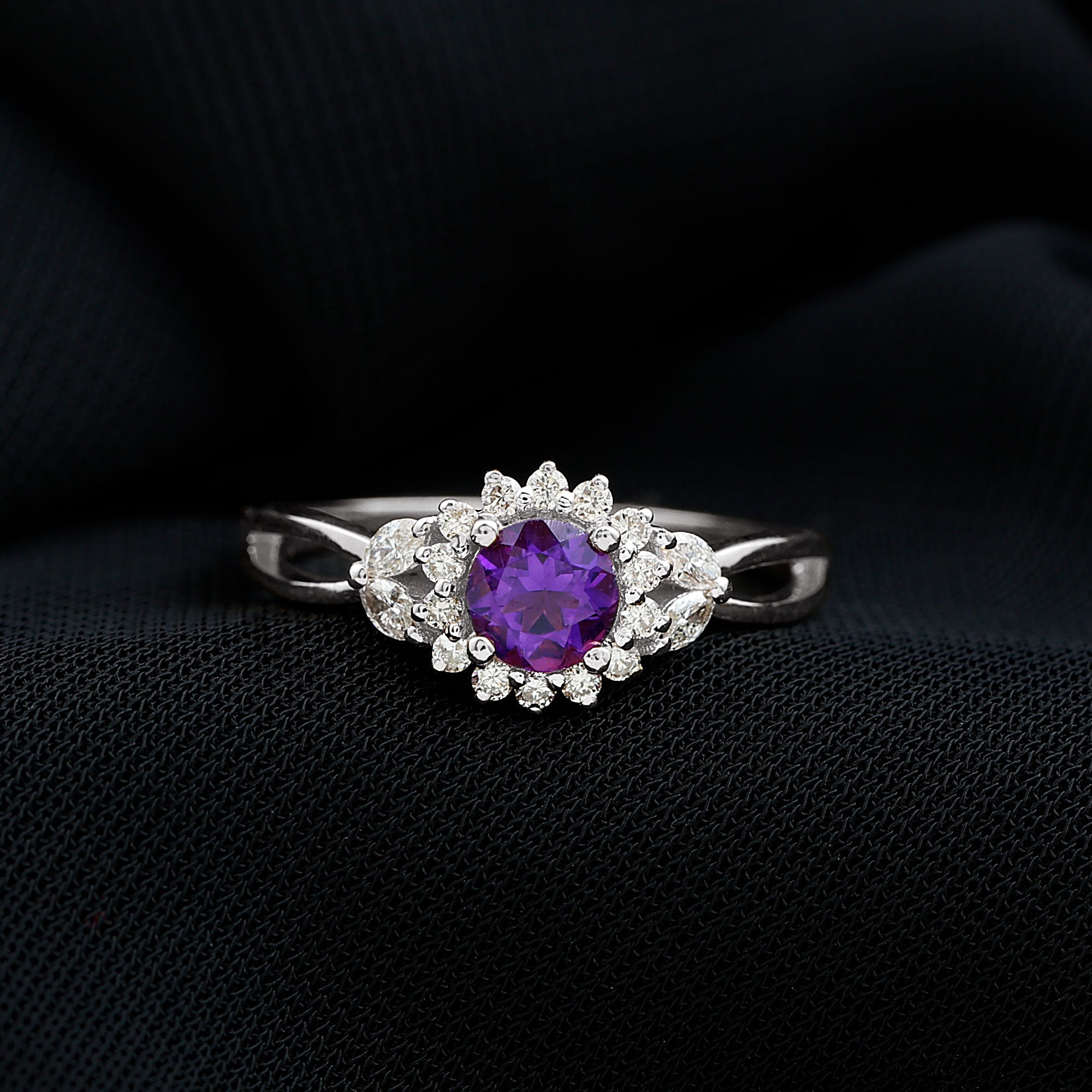 Split Shank Amethyst Flower Engagement Ring with Diamond AAA - Rosec Jewels