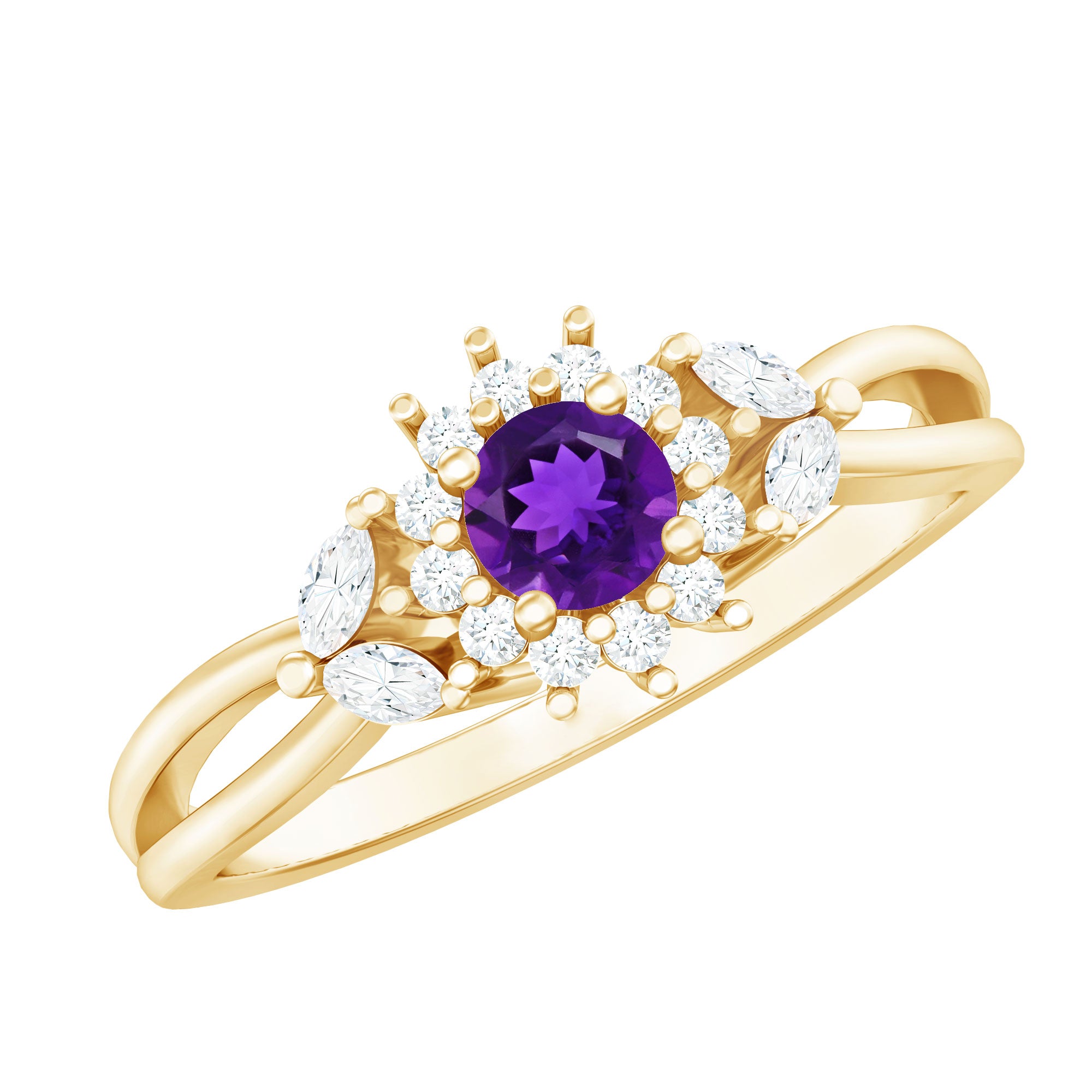 Split Shank Amethyst Flower Engagement Ring with Diamond AAA - Rosec Jewels