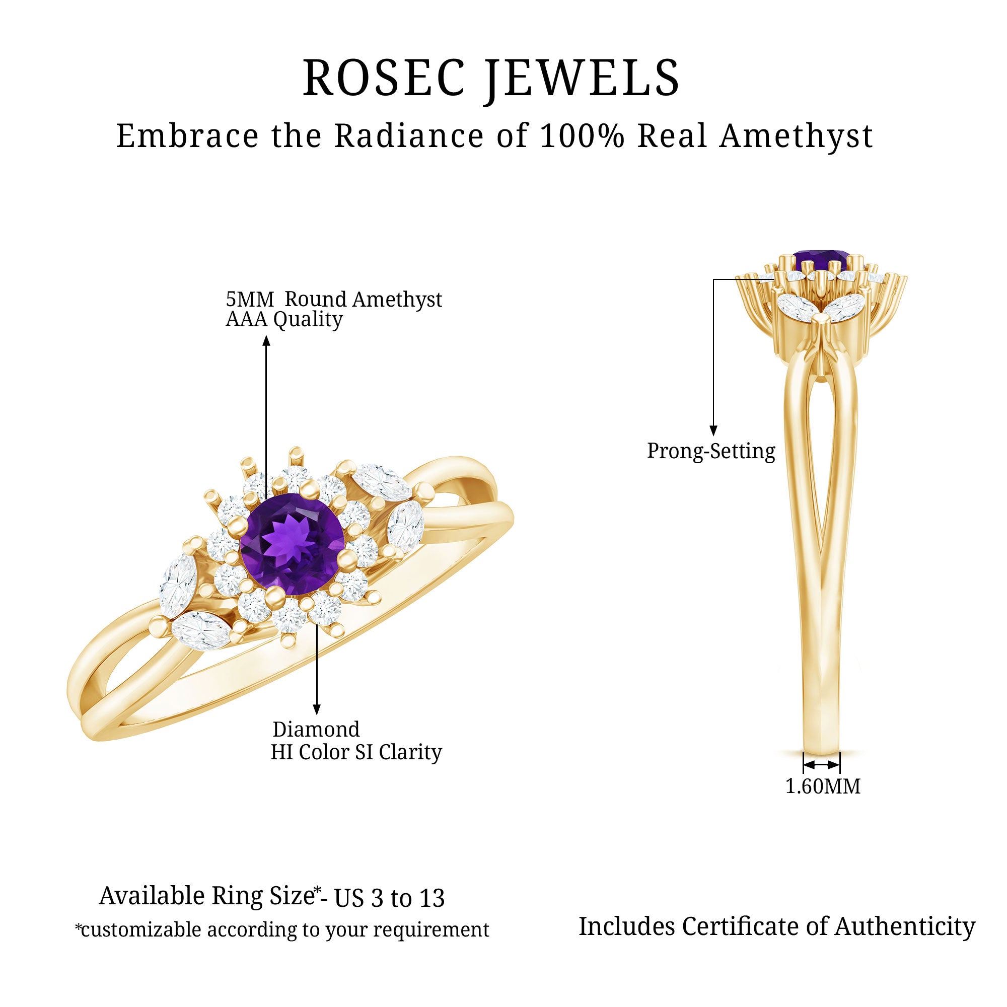 Split Shank Amethyst Flower Engagement Ring with Diamond AAA - Rosec Jewels