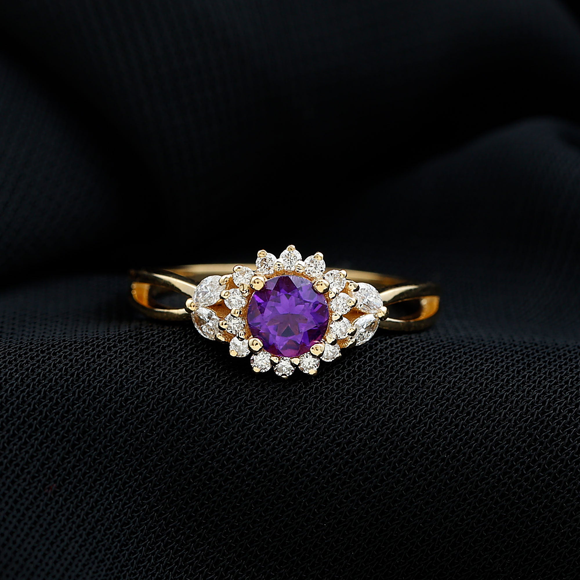 Split Shank Amethyst Flower Engagement Ring with Diamond AAA - Rosec Jewels