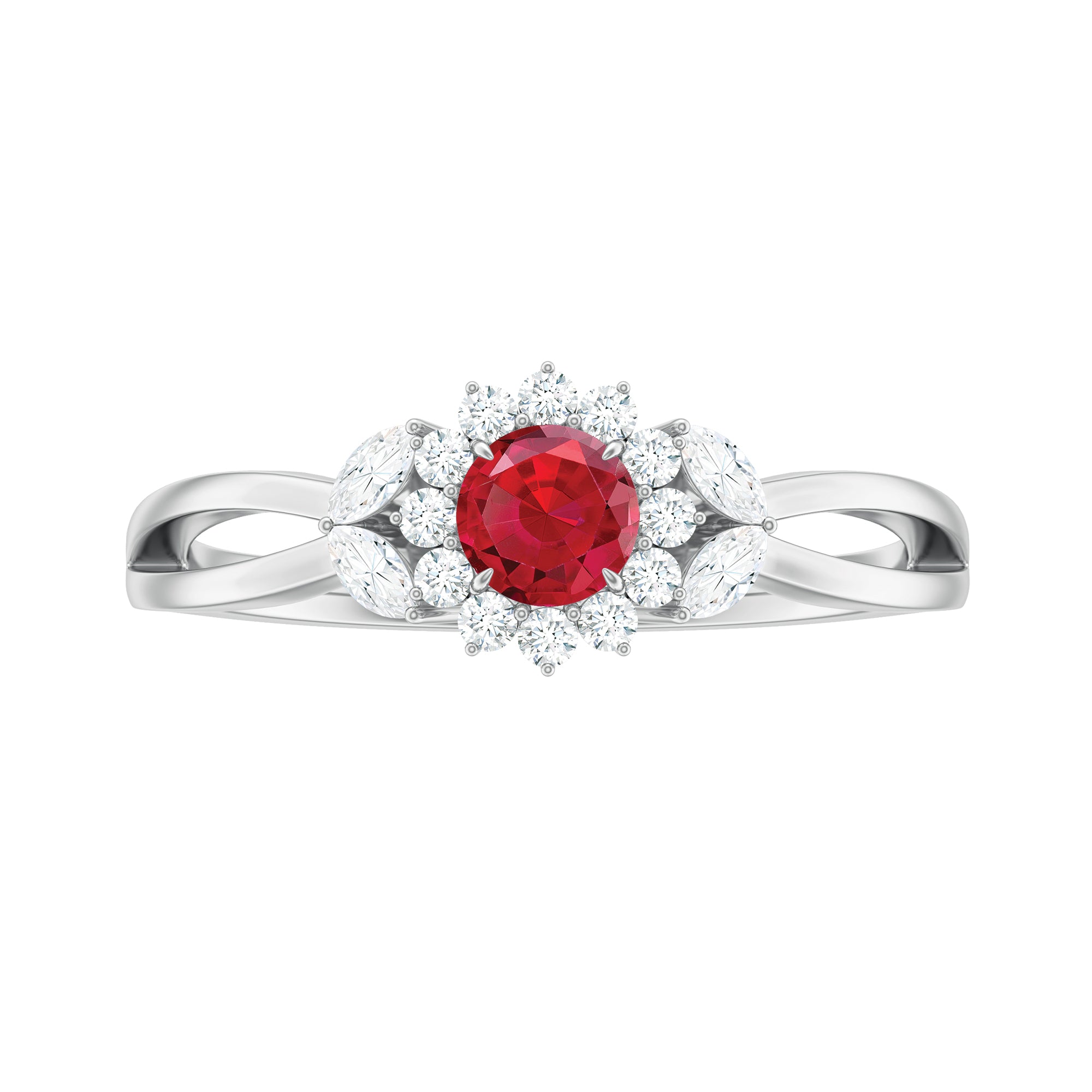 Lab Ruby and Diamond Flower Engagement Ring in Split Shank AAAA - Rosec Jewels