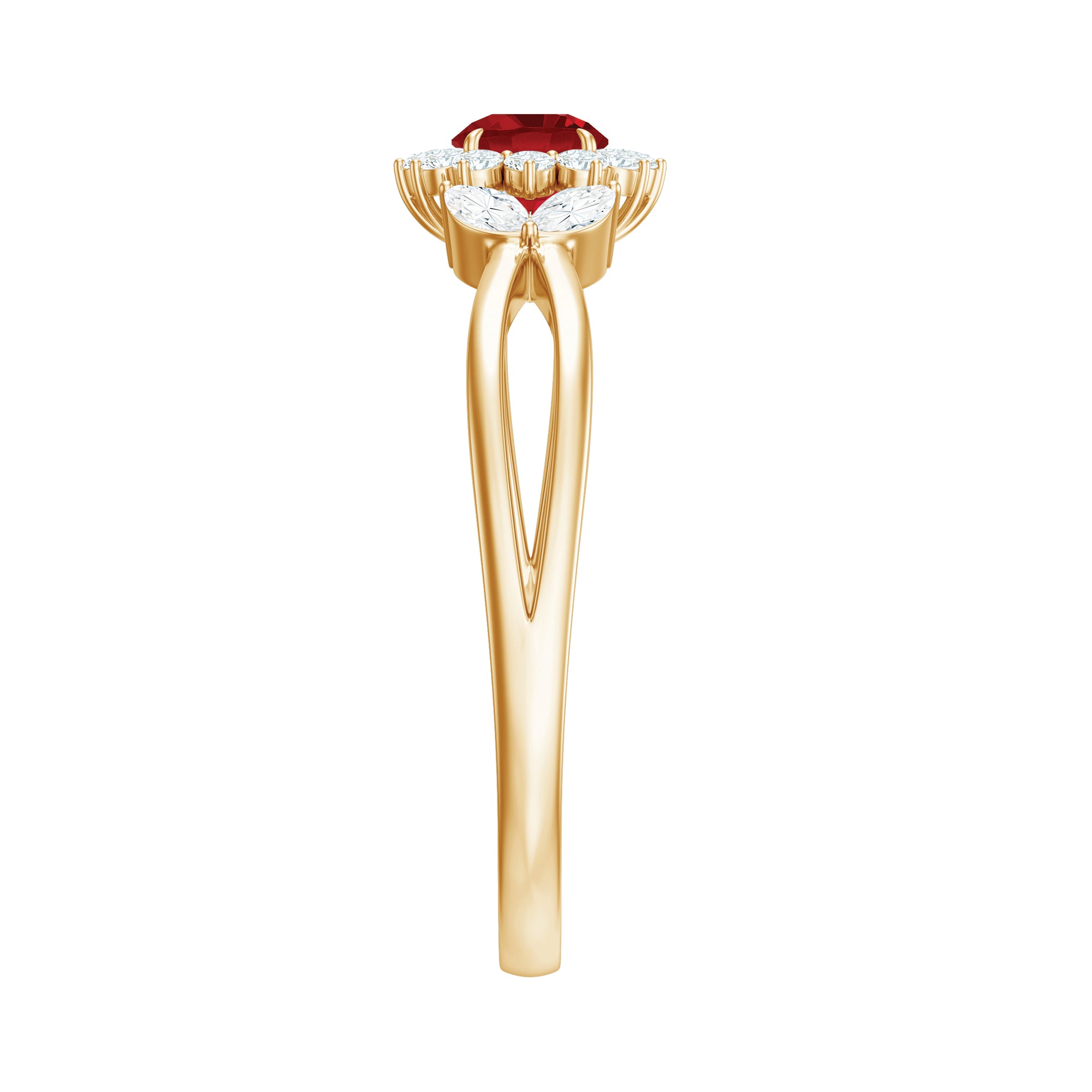 Lab Ruby and Diamond Flower Engagement Ring in Split Shank AAAA - Rosec Jewels