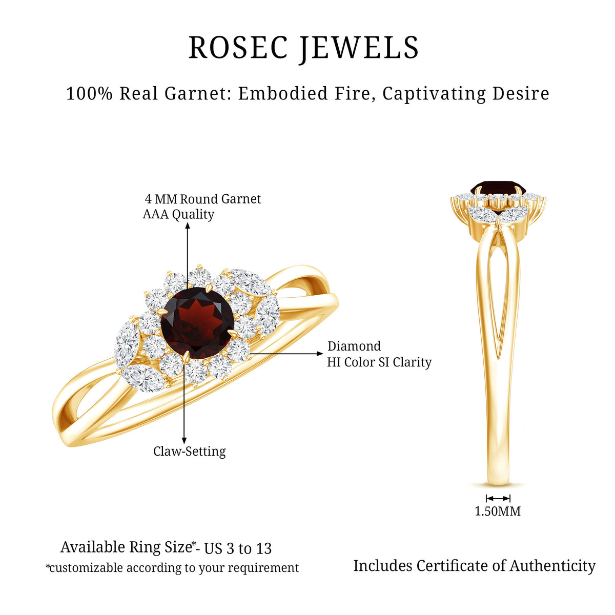 Natural Garnet Diamond Flower Engagement Ring with Split Shank AAA - Rosec Jewels