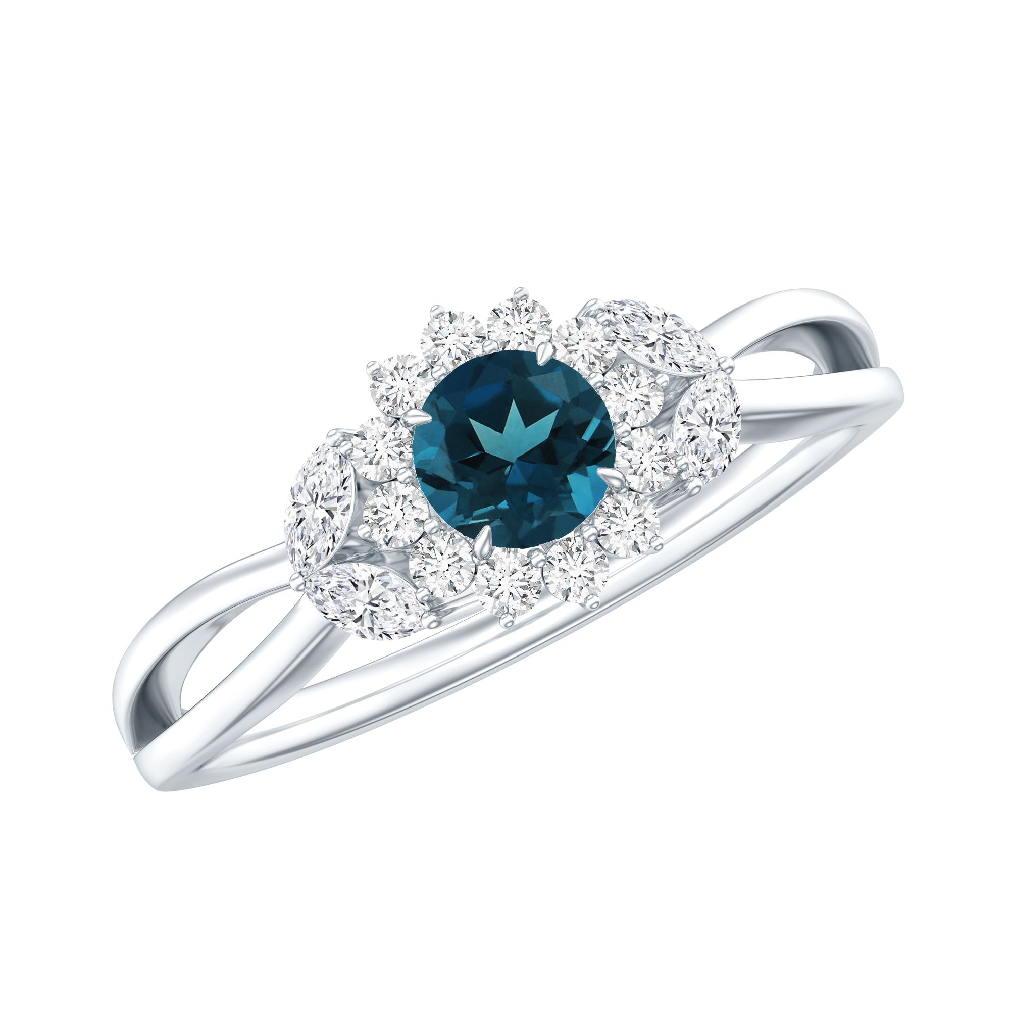 5mm London Blue Topaz Floral Engagement Ring with Diamond AAA - Rosec Jewels