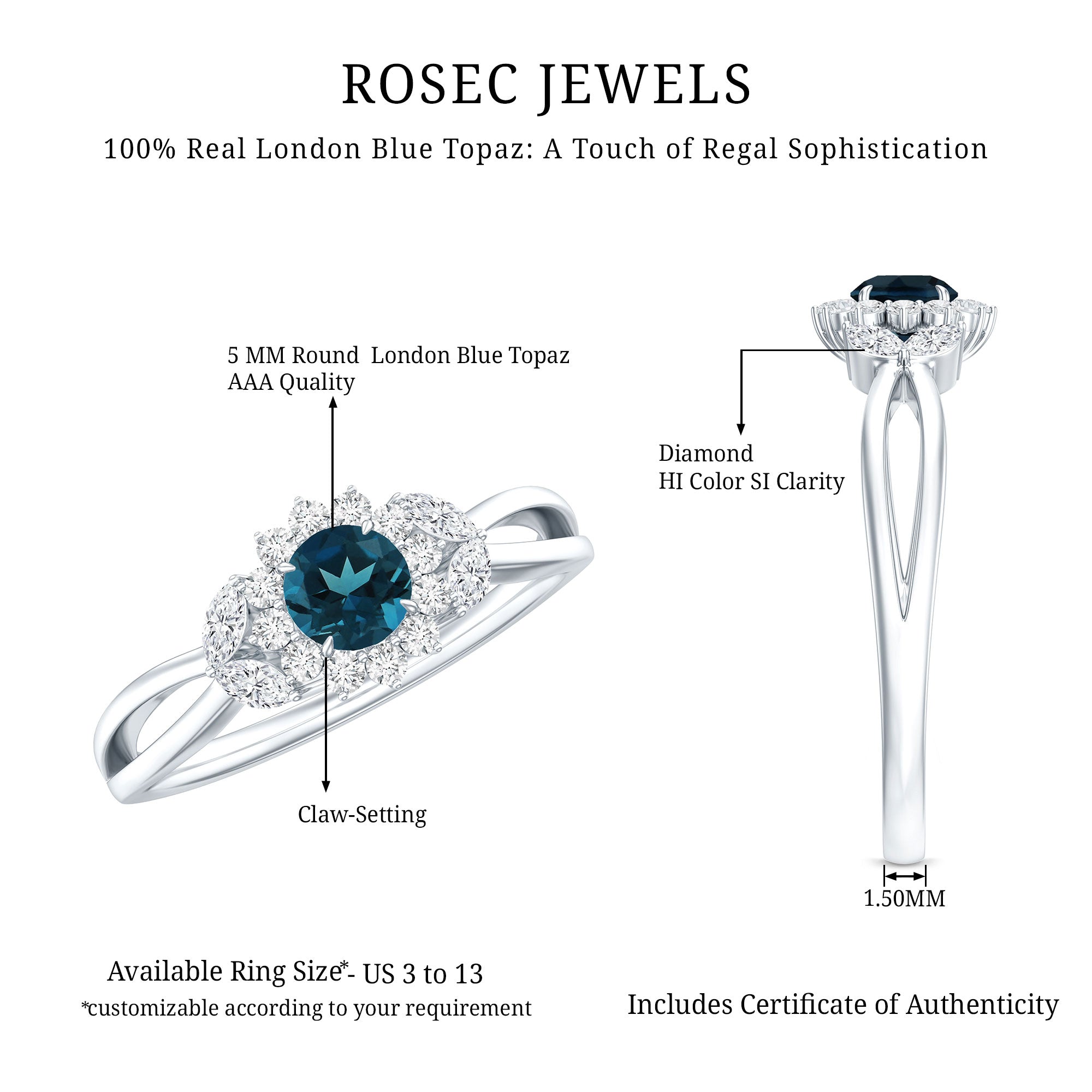 5mm London Blue Topaz Floral Engagement Ring with Diamond AAA - Rosec Jewels