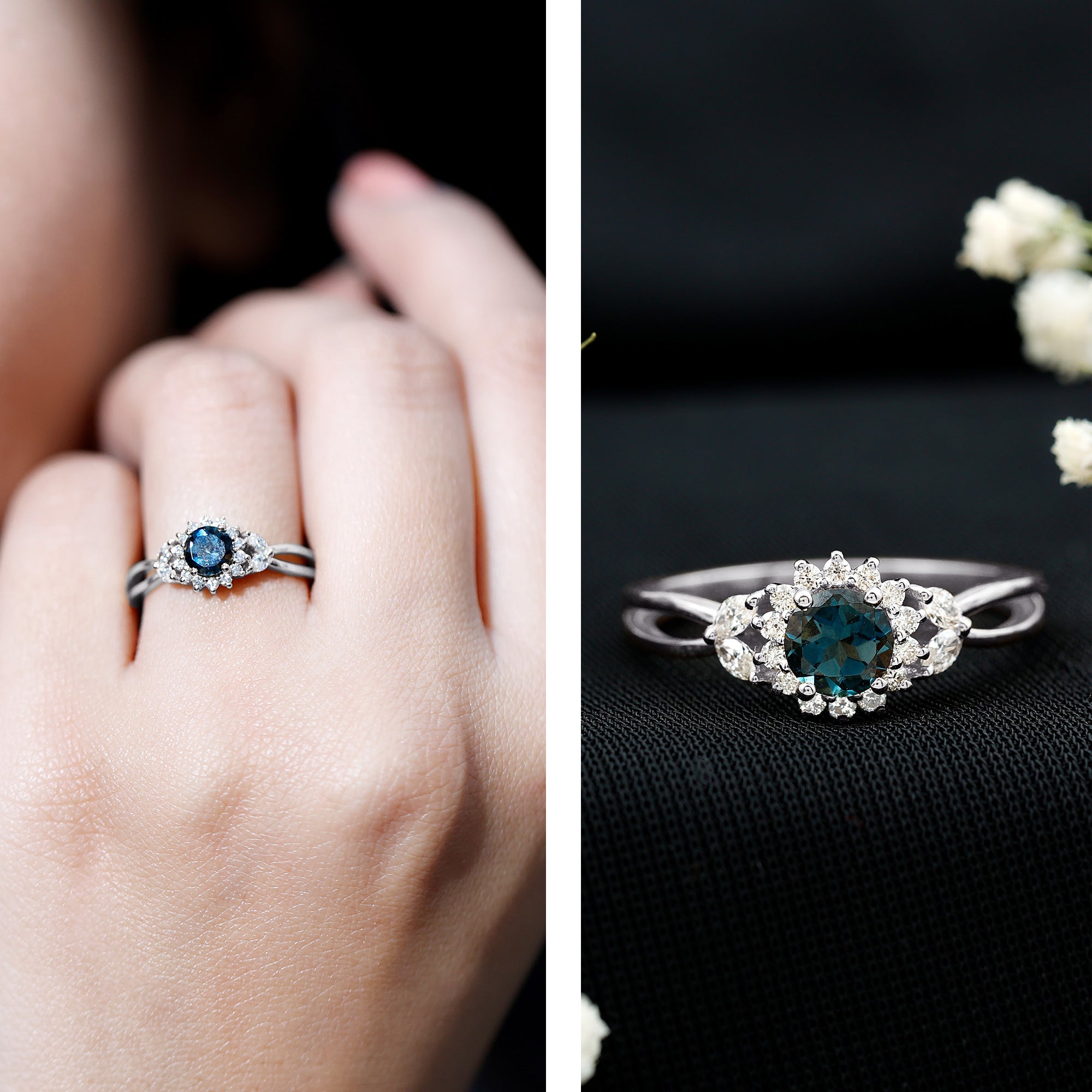 5mm London Blue Topaz Floral Engagement Ring with Diamond AAA - Rosec Jewels