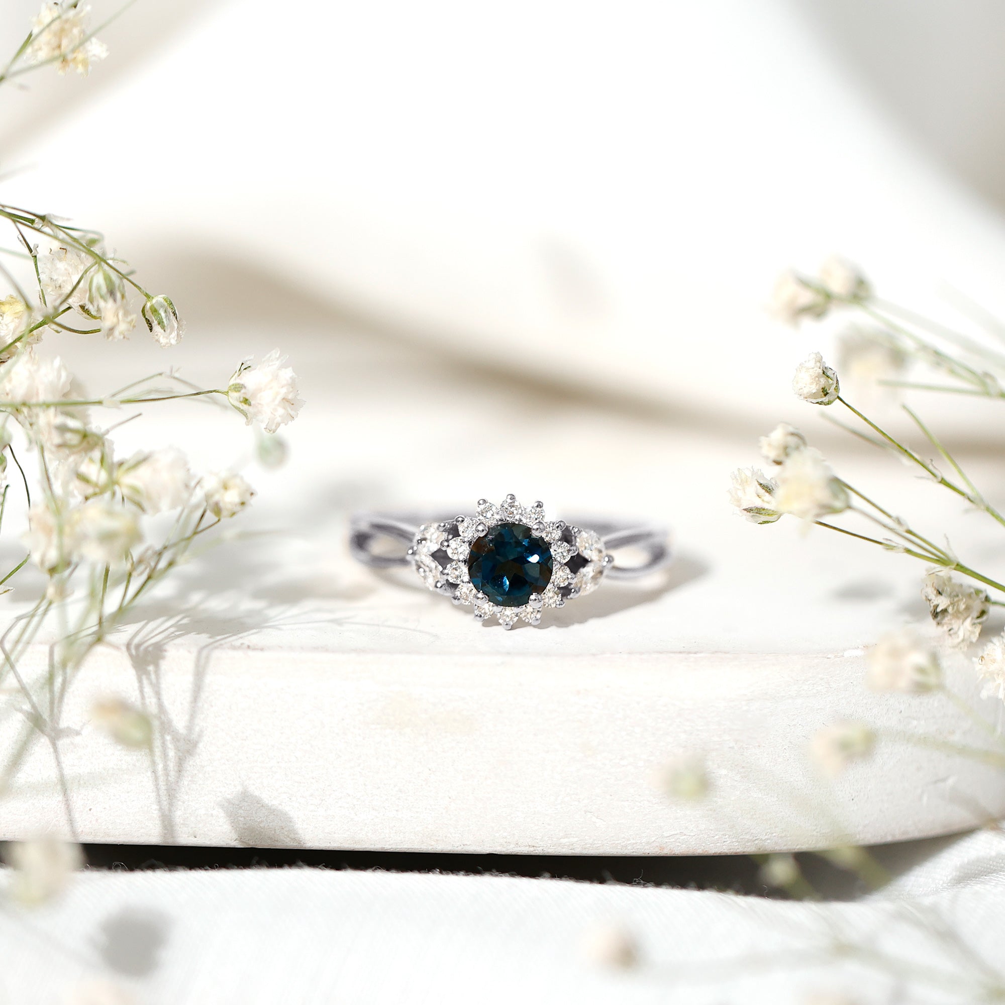 5mm London Blue Topaz Floral Engagement Ring with Diamond AAA - Rosec Jewels