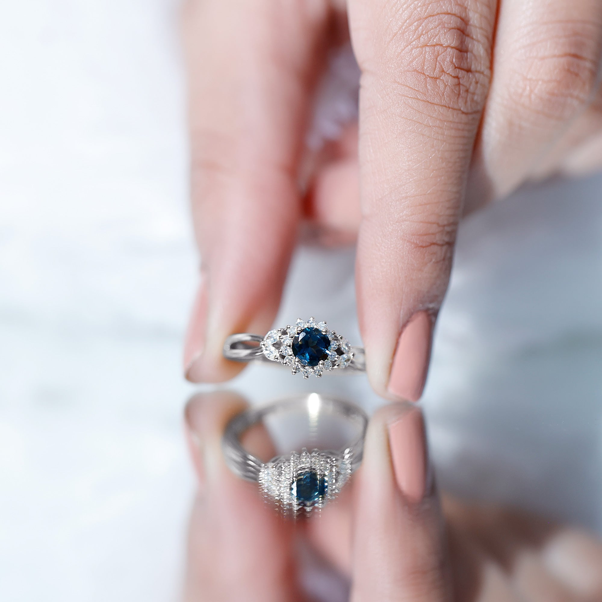 5mm London Blue Topaz Floral Engagement Ring with Diamond AAA - Rosec Jewels