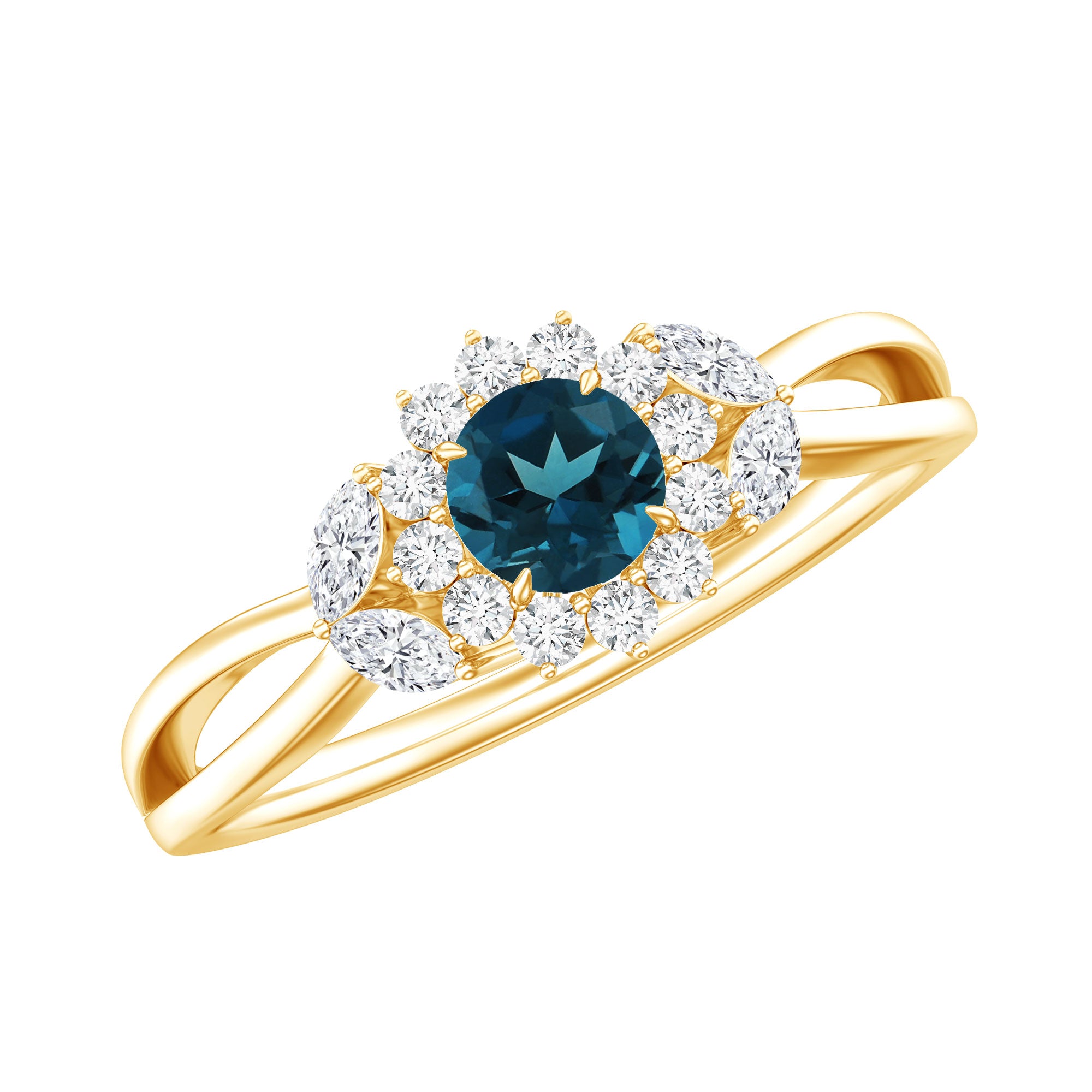 5mm London Blue Topaz Floral Engagement Ring with Diamond AAA - Rosec Jewels