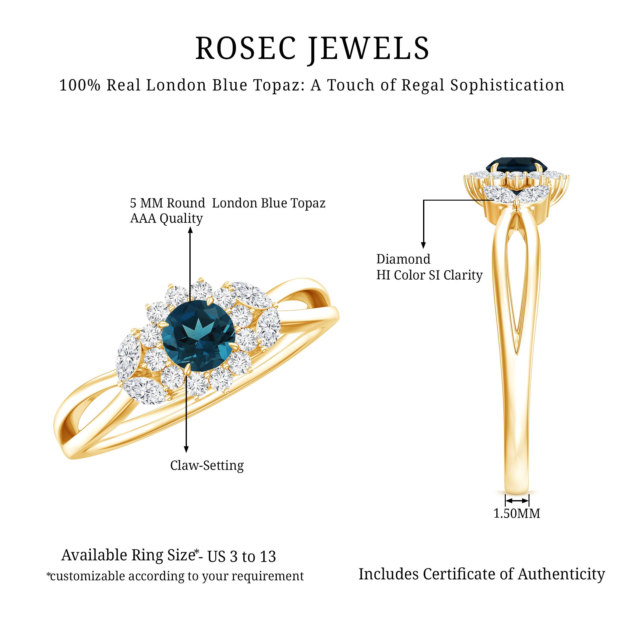 5mm London Blue Topaz Floral Engagement Ring with Diamond AAA - Rosec Jewels