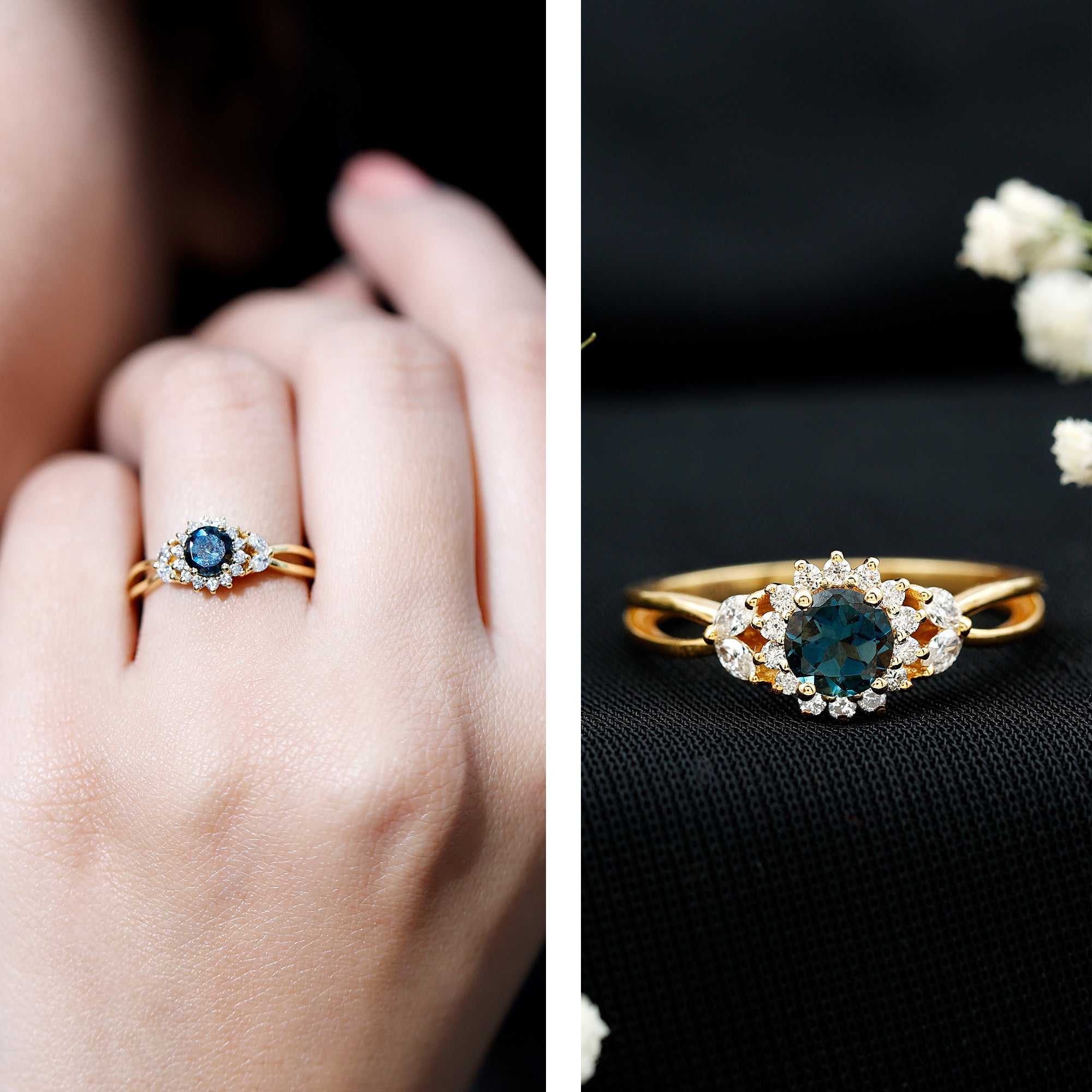 5mm London Blue Topaz Floral Engagement Ring with Diamond AAA - Rosec Jewels