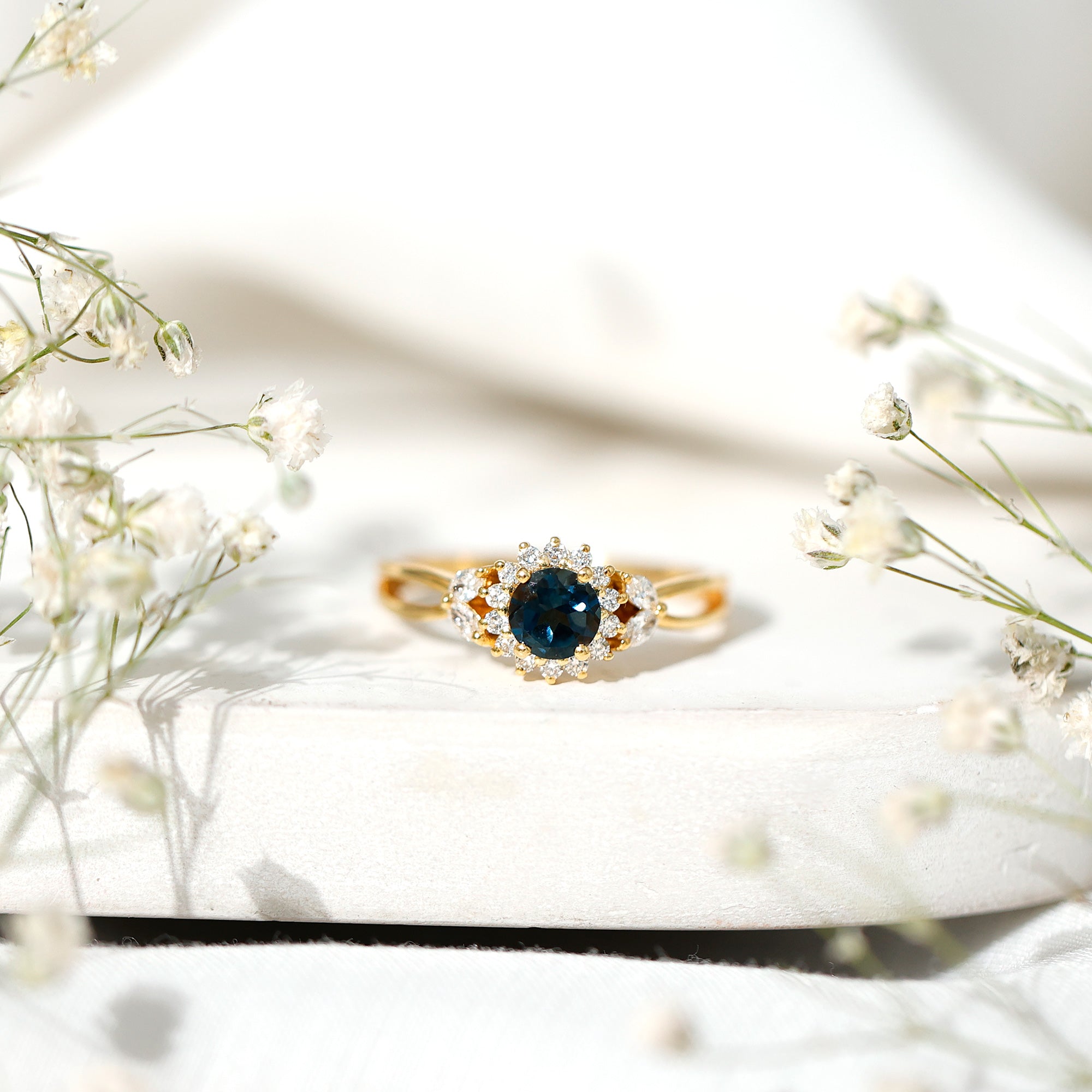 5mm London Blue Topaz Floral Engagement Ring with Diamond AAA - Rosec Jewels