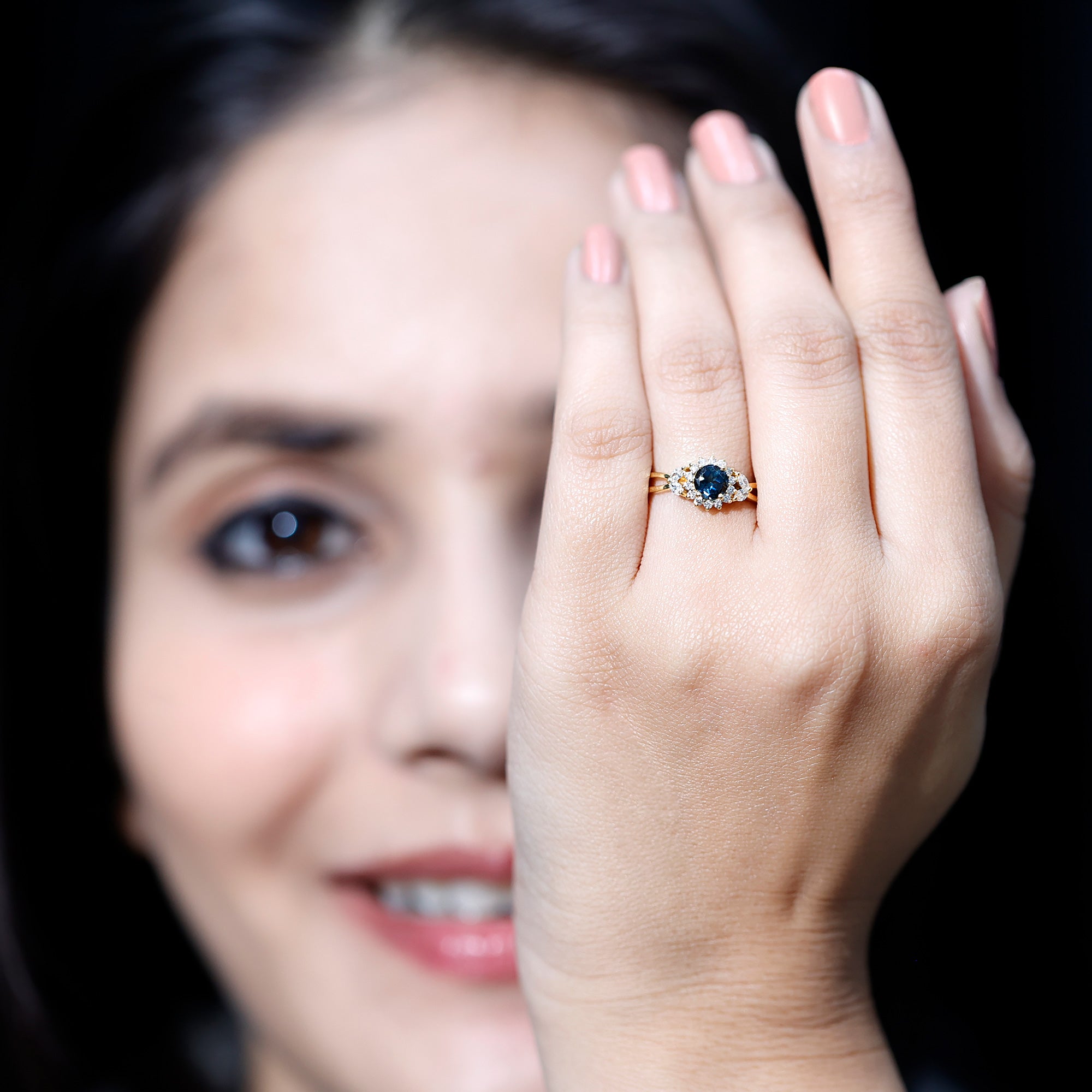 5mm London Blue Topaz Floral Engagement Ring with Diamond AAA - Rosec Jewels