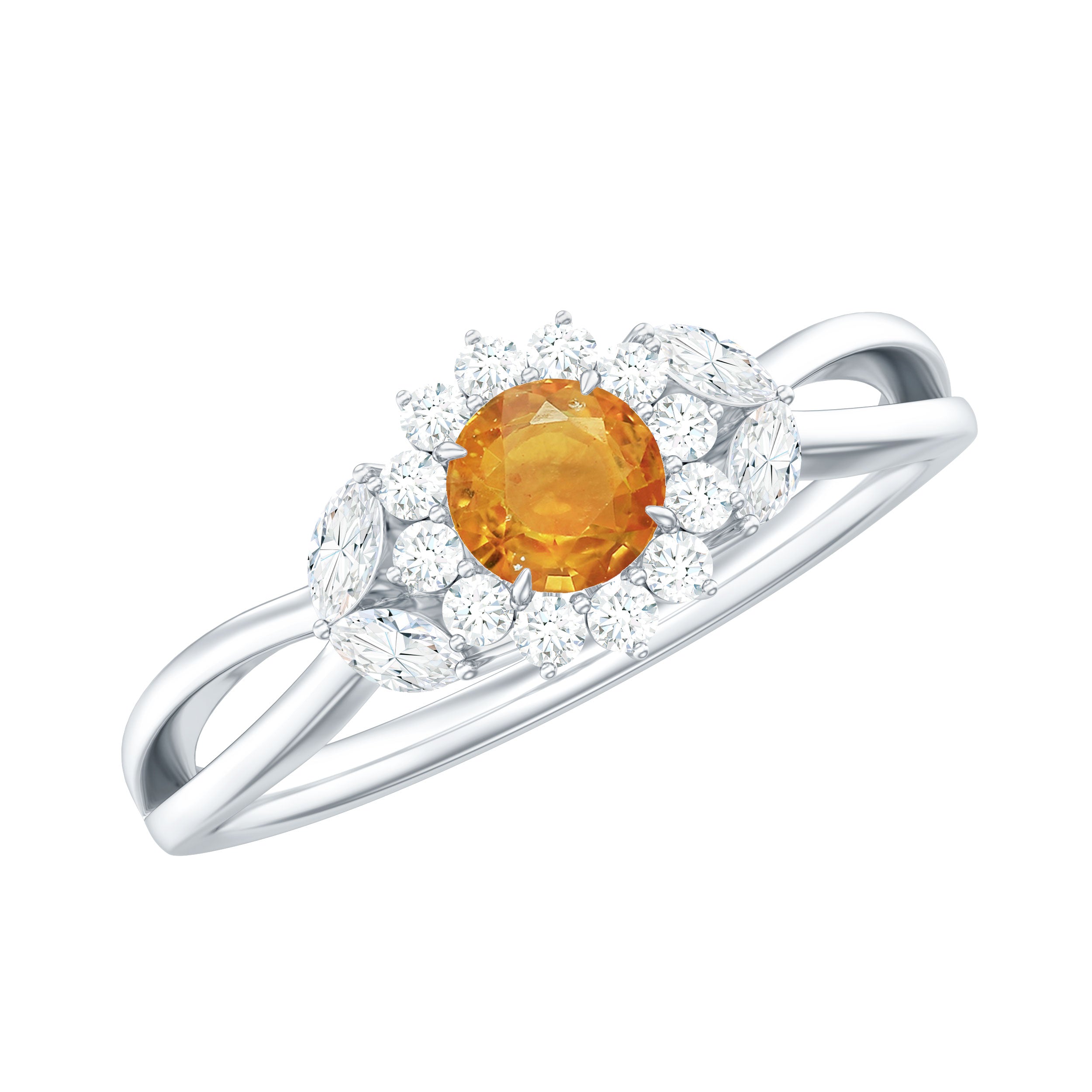 Split Shank Orange Sapphire Flower Engagement Ring with Diamond