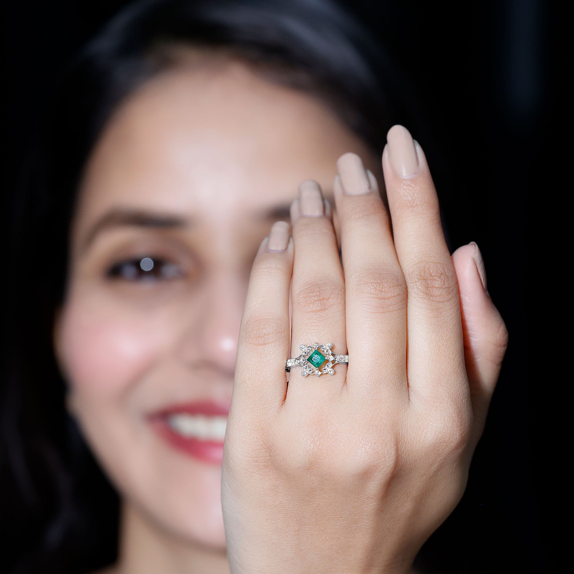 Antique Looking Emerald and Diamond Engagement Ring for Women AAA - Rosec Jewels