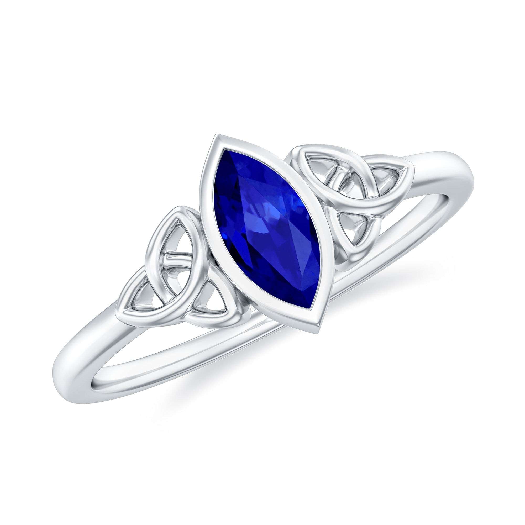 Marquise Cut Created Blue Sapphire Solitaire Celtic Knot Ring in Bezel Setting