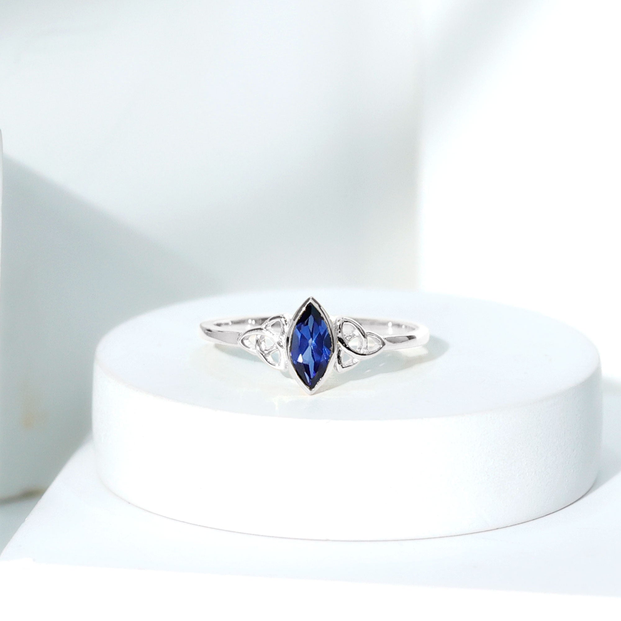 Certified Lab Grown Blue Sapphire Marquise Engagement Ring with Celtic Knot AAAA - Rosec Jewels