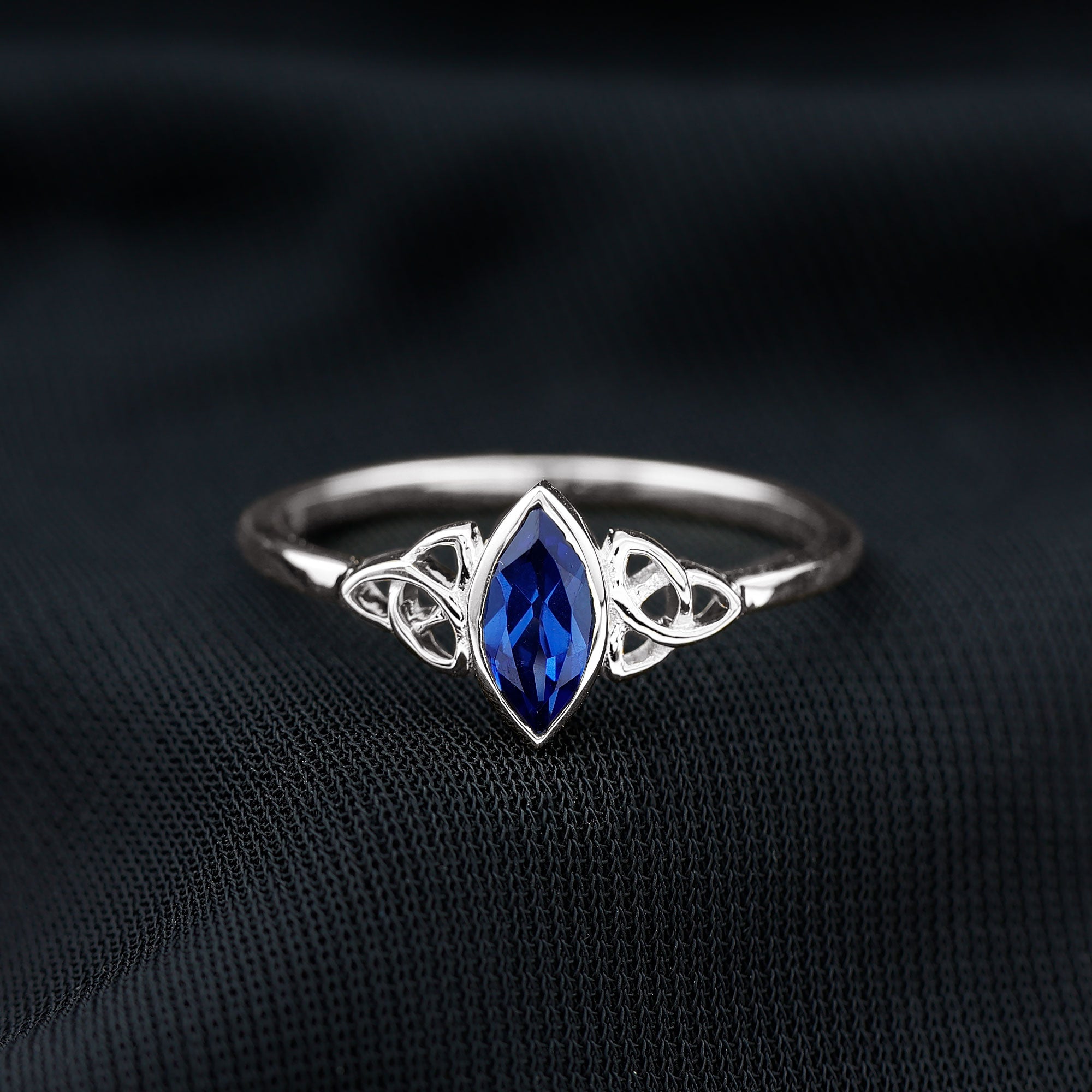 Certified Lab Grown Blue Sapphire Marquise Engagement Ring with Celtic Knot AAAA - Rosec Jewels