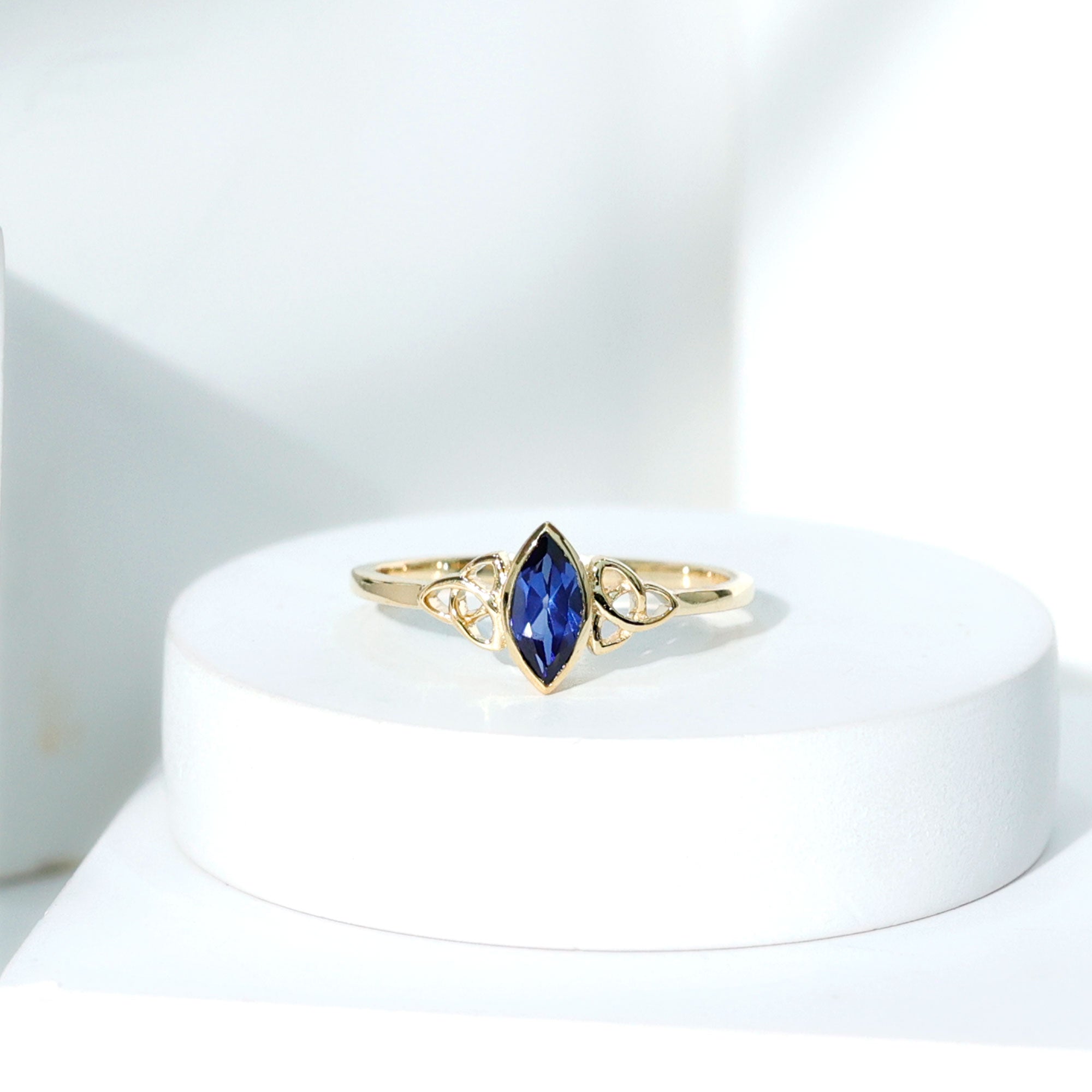 Certified Lab Grown Blue Sapphire Marquise Engagement Ring with Celtic Knot AAAA - Rosec Jewels