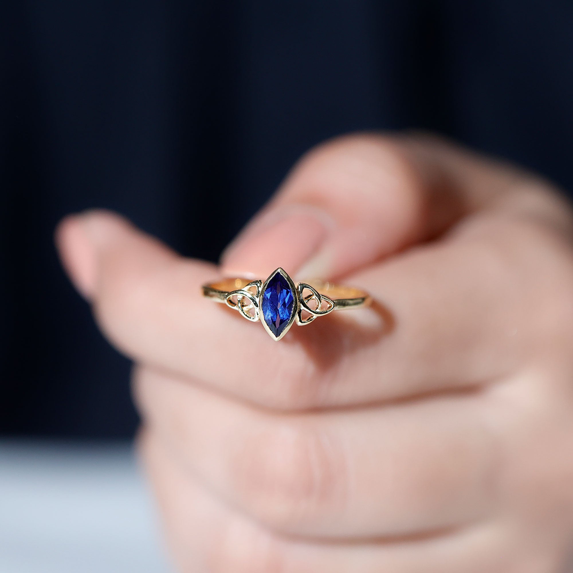Certified Lab Grown Blue Sapphire Marquise Engagement Ring with Celtic Knot AAAA - Rosec Jewels