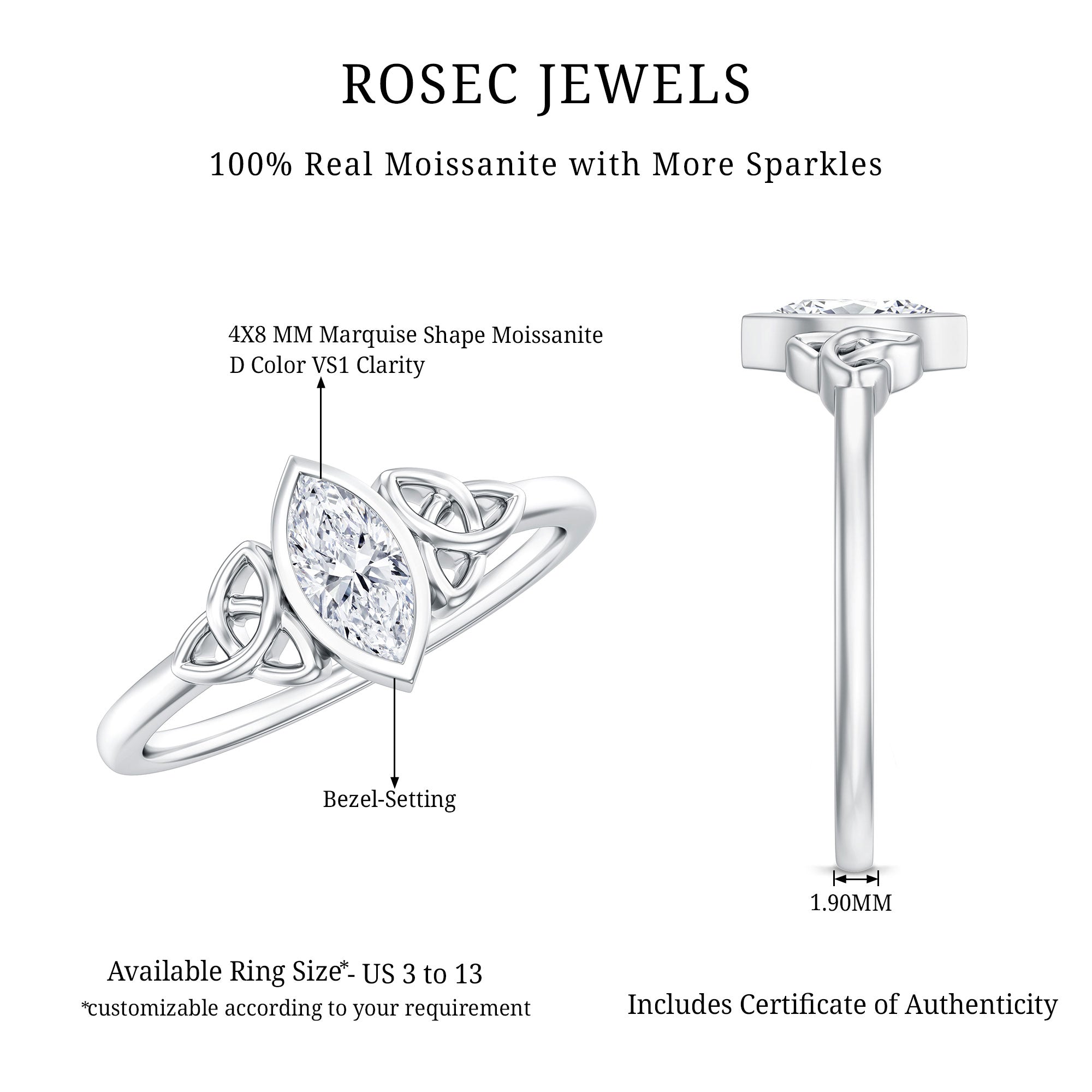 Marquise Cut Moissanite Solitaire Celtic Knot Ring in Bezel Setting D-VS1 - Rosec Jewels