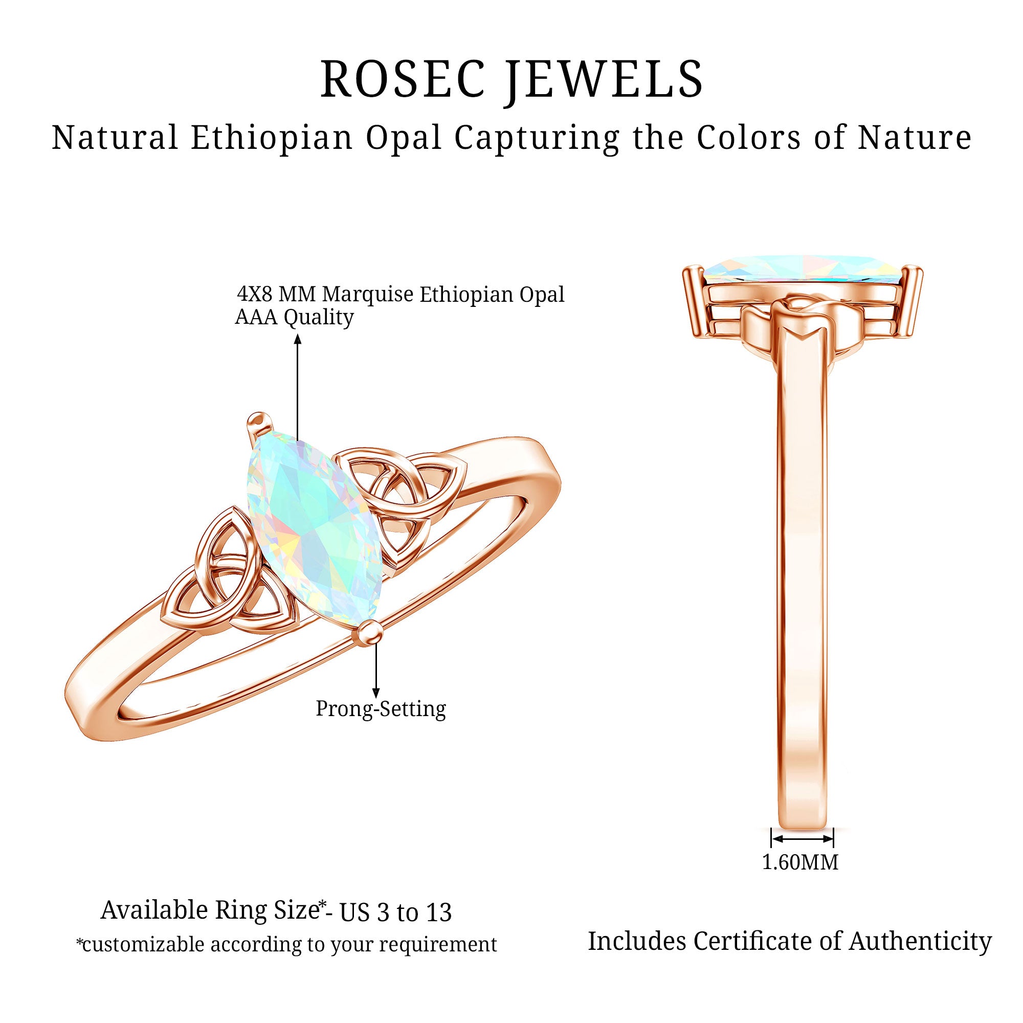 Natural Ethiopian Opal October Birthstone Ring with Celtic Knot AAA - Rosec Jewels