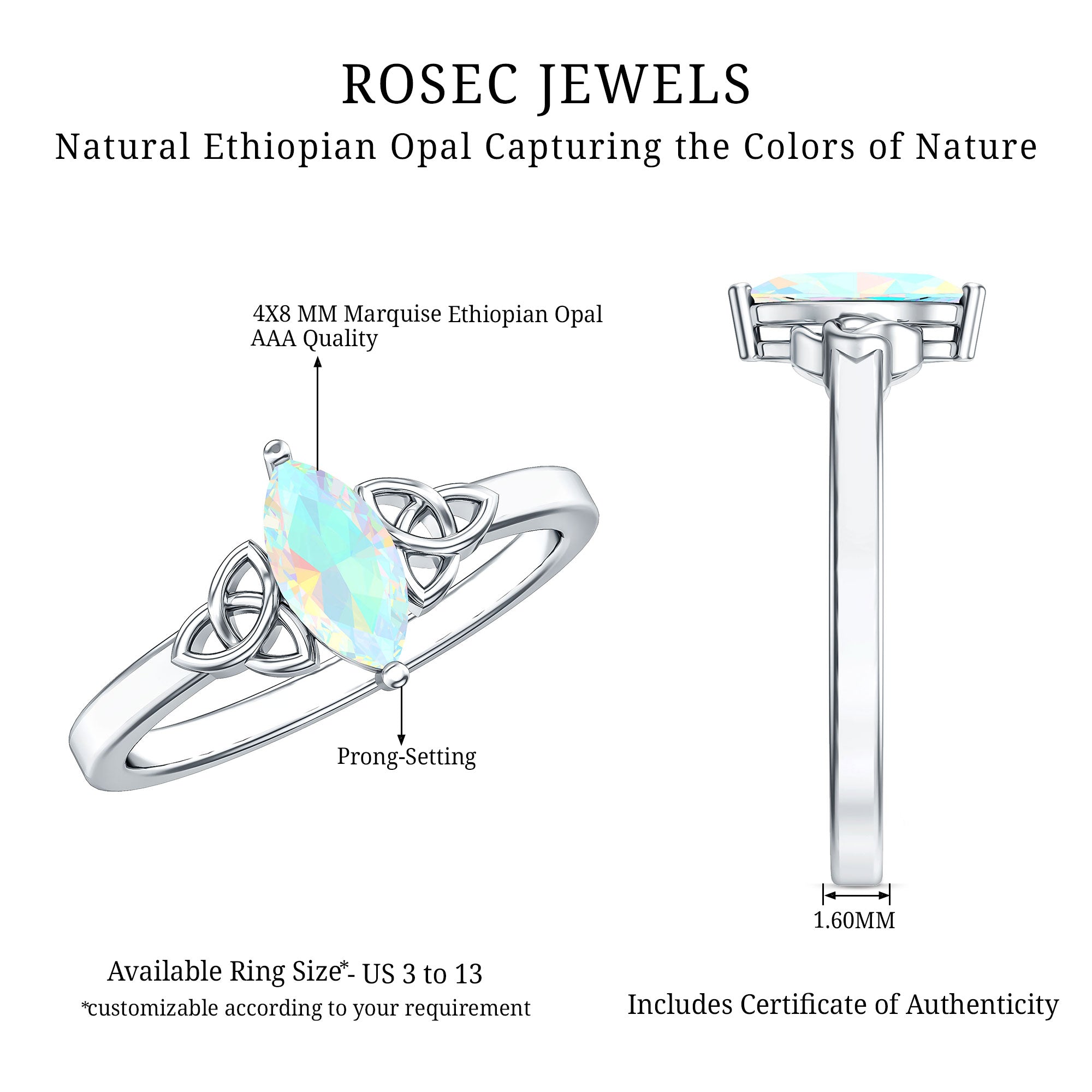 Natural Ethiopian Opal October Birthstone Ring with Celtic Knot AAA - Rosec Jewels