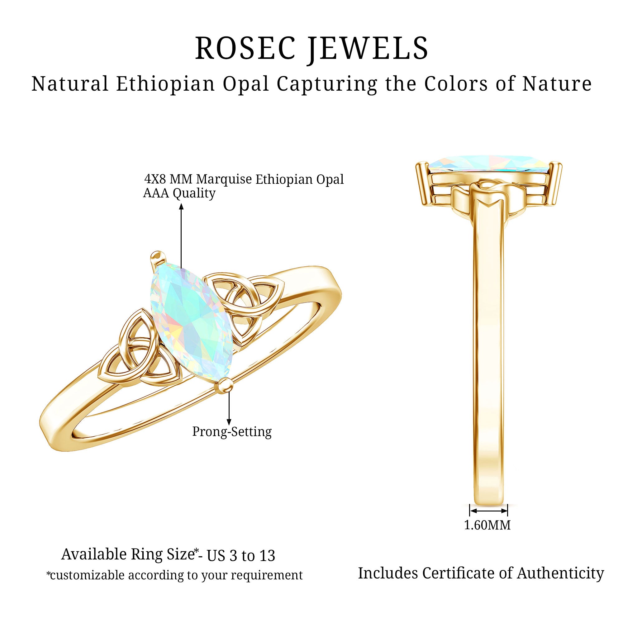 Natural Ethiopian Opal October Birthstone Ring with Celtic Knot AAA - Rosec Jewels