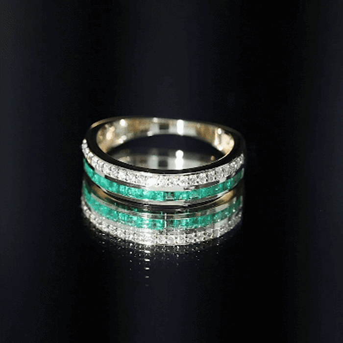 Natural Emerald and Diamond Half Eternity Wedding Band AAA - Rosec Jewels