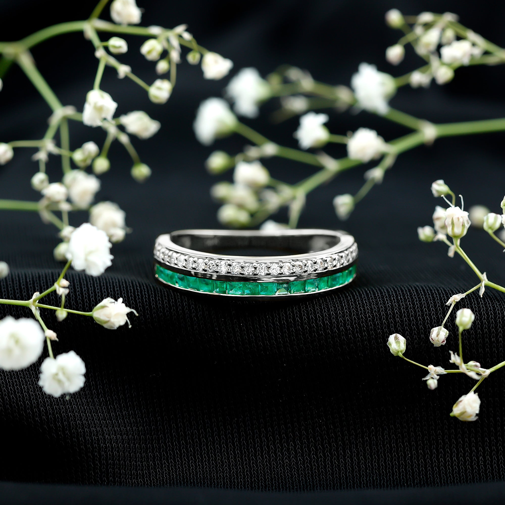 Natural Emerald and Diamond Half Eternity Wedding Band AAA - Rosec Jewels